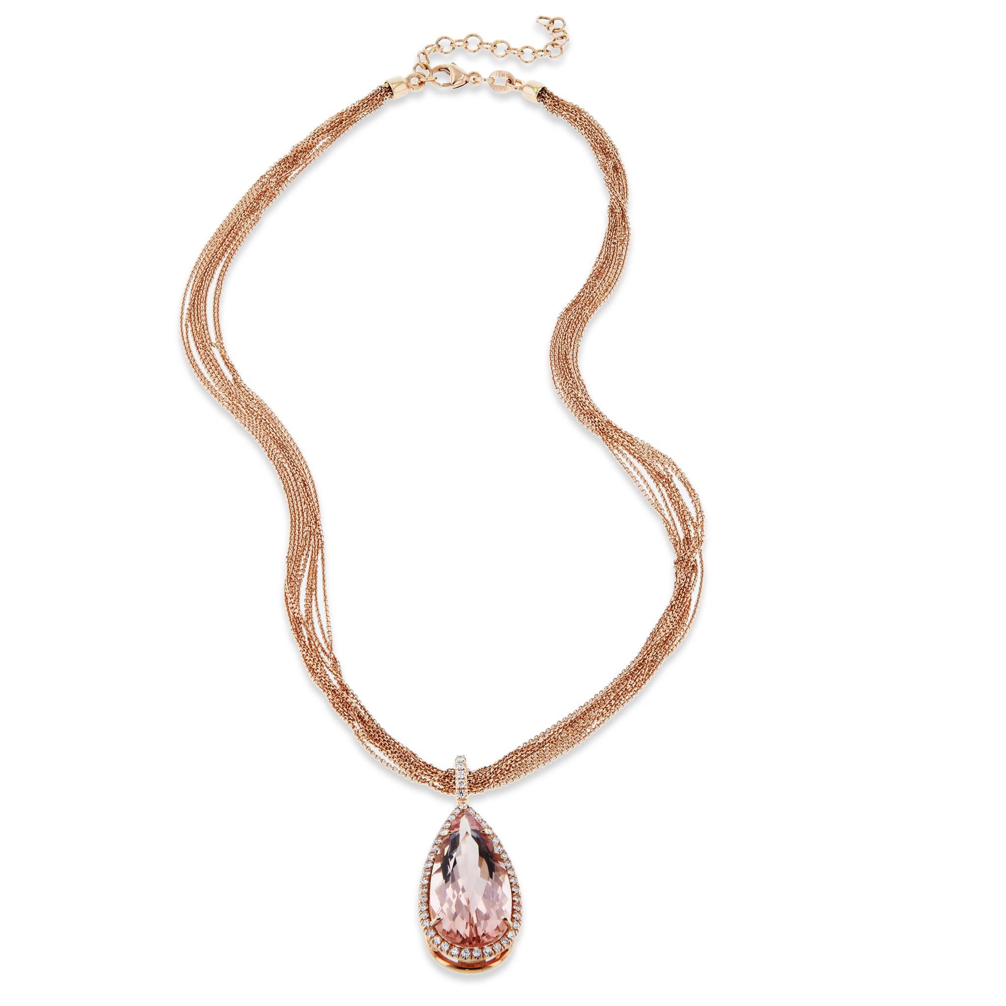 Pear Cut Handmade Pear Shaped Morganite Diamond Pave Halo Rose Gold Pendant Necklace  For Sale