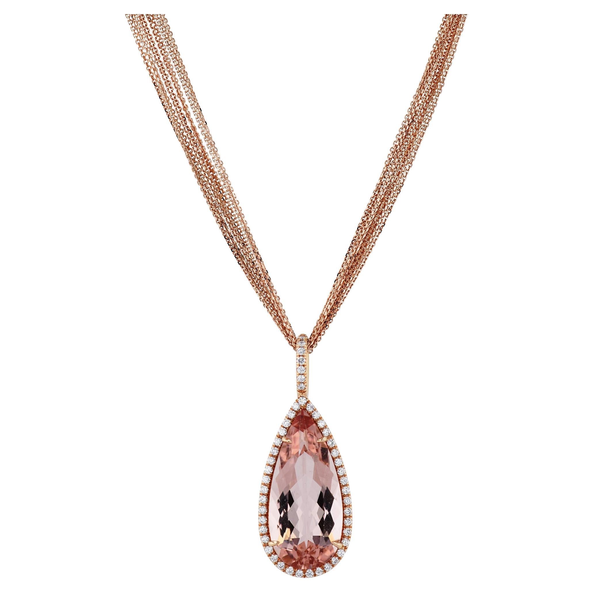 Handmade Pear Shaped Morganite Diamond Pave Halo Rose Gold Pendant Necklace  For Sale