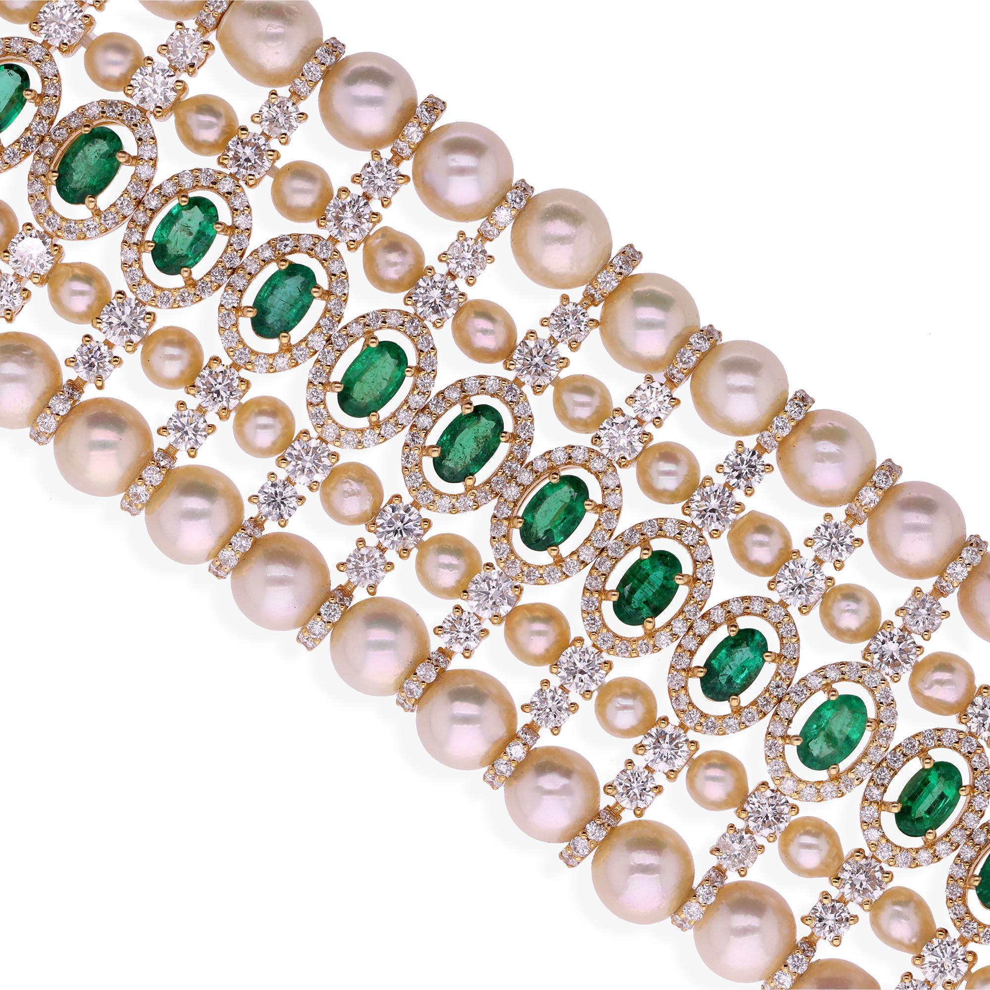 Collier ras du cou de mariage indien en or jaune 18k avec perles, émeraudes et diamants fait main Pour femmes en vente