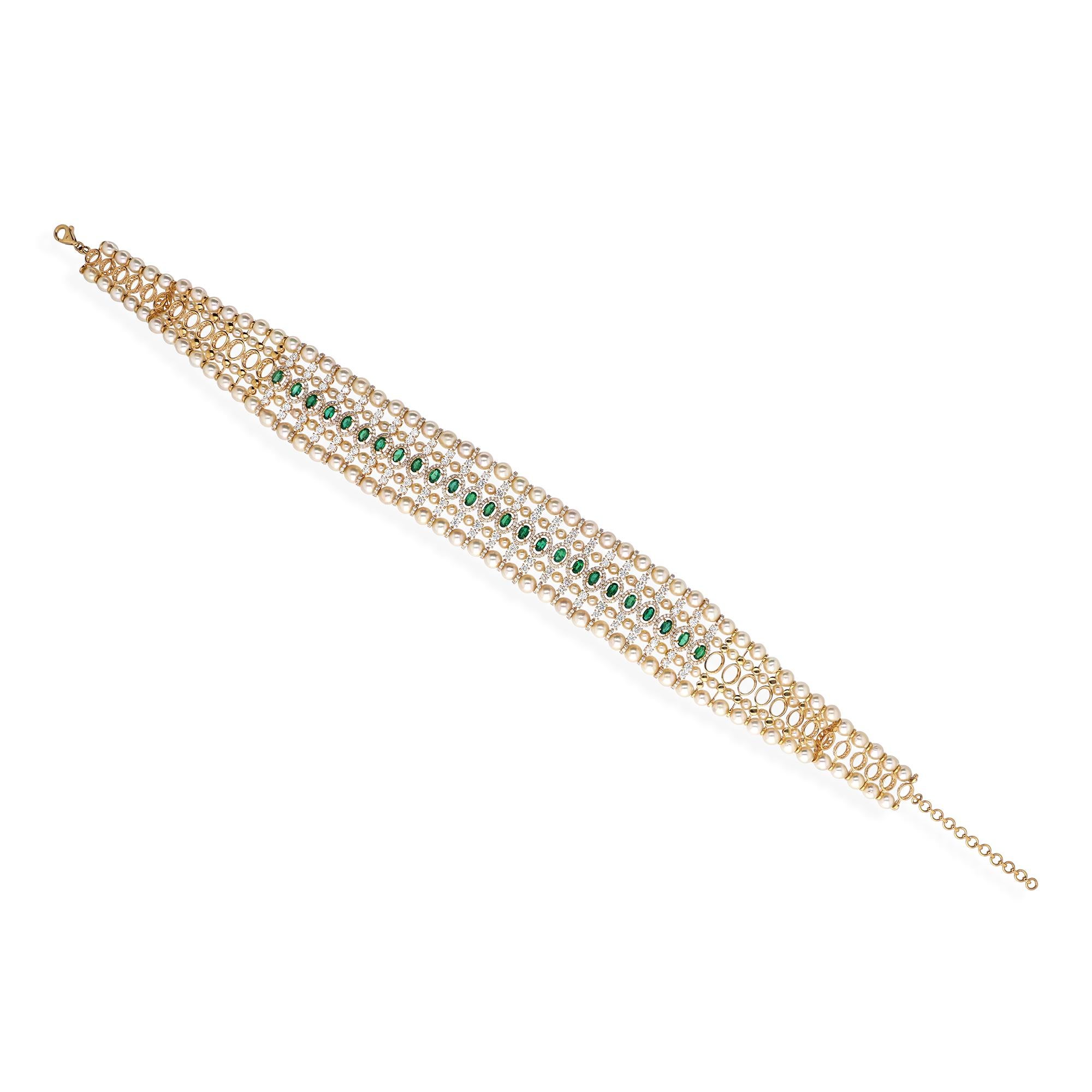 Collier ras du cou de mariage indien en or jaune 18k avec perles, émeraudes et diamants fait main en vente 1