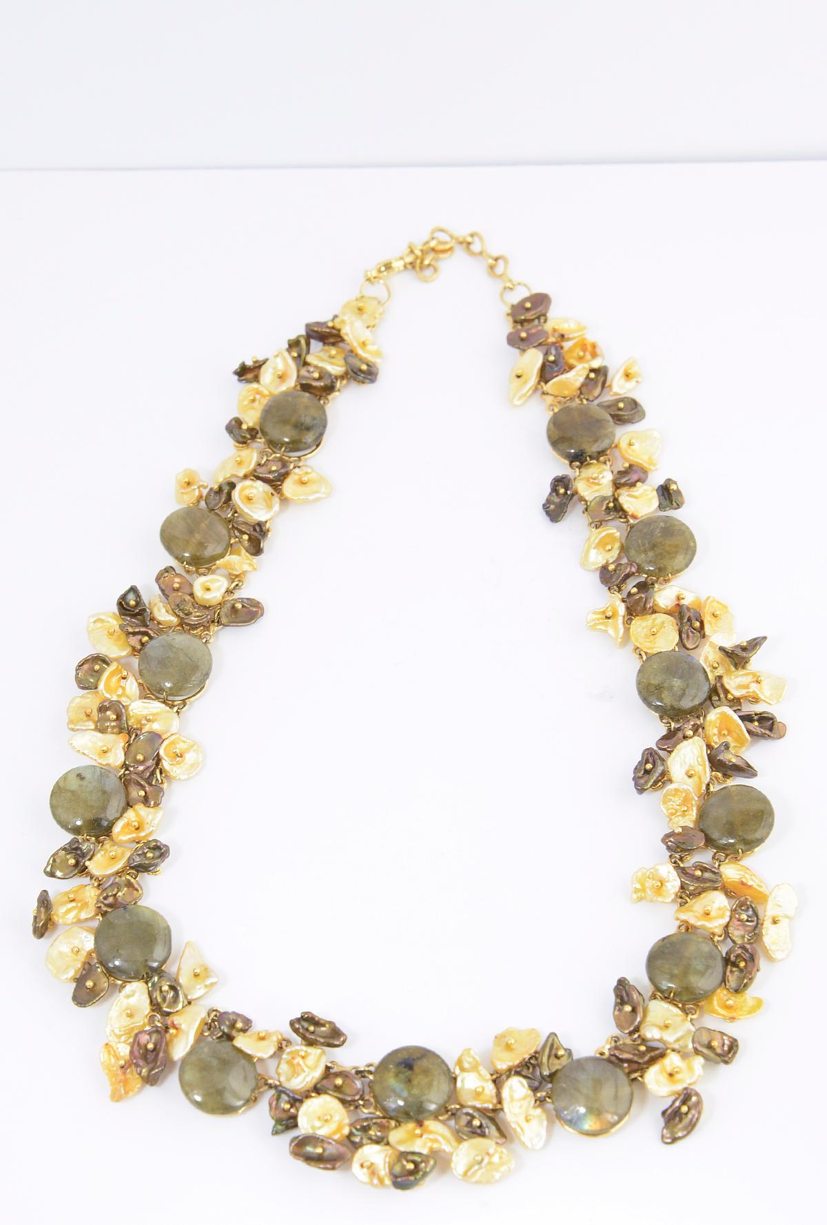 Handmade 14K yellow gold, keshi pearl, and labradorite necklace. Adjustable from 16