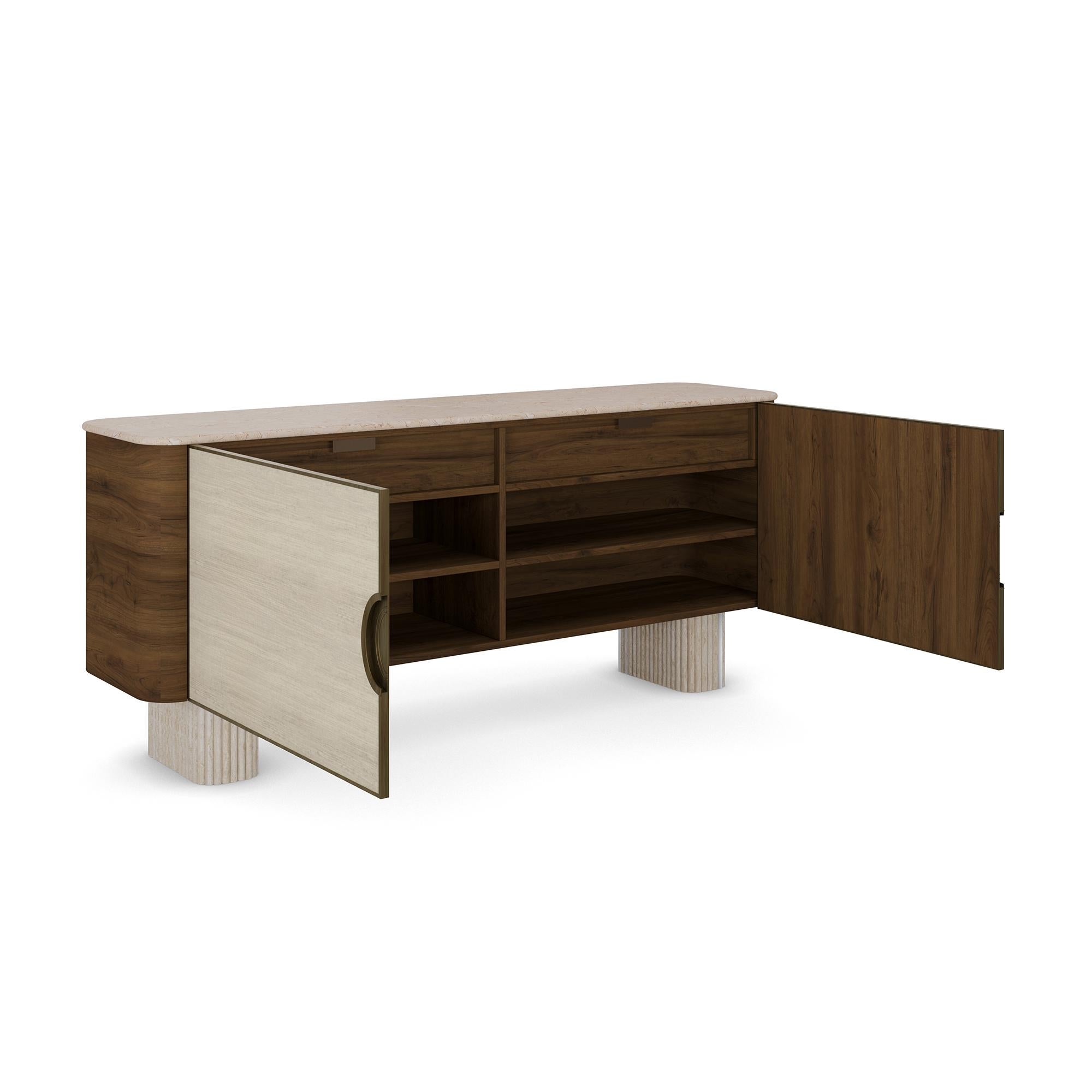 Portuguese Handmade Perrine Sideboard in Ribbed Travertine & Walnut by Nolita Harbour For Sale