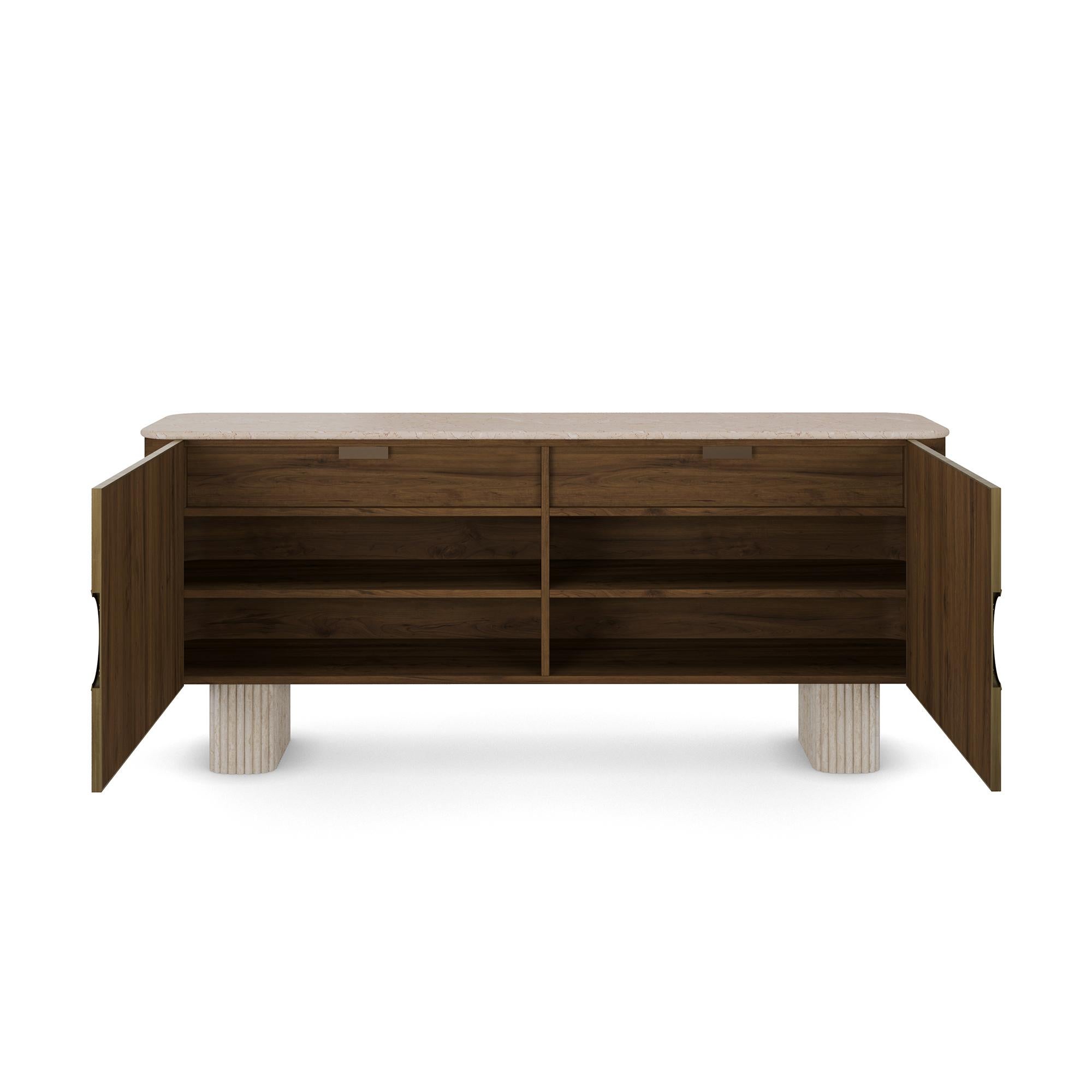Handmade Perrine Sideboard in Ribbed Travertine & Walnut by Nolita Harbour In New Condition For Sale In Carvalhosa, PT