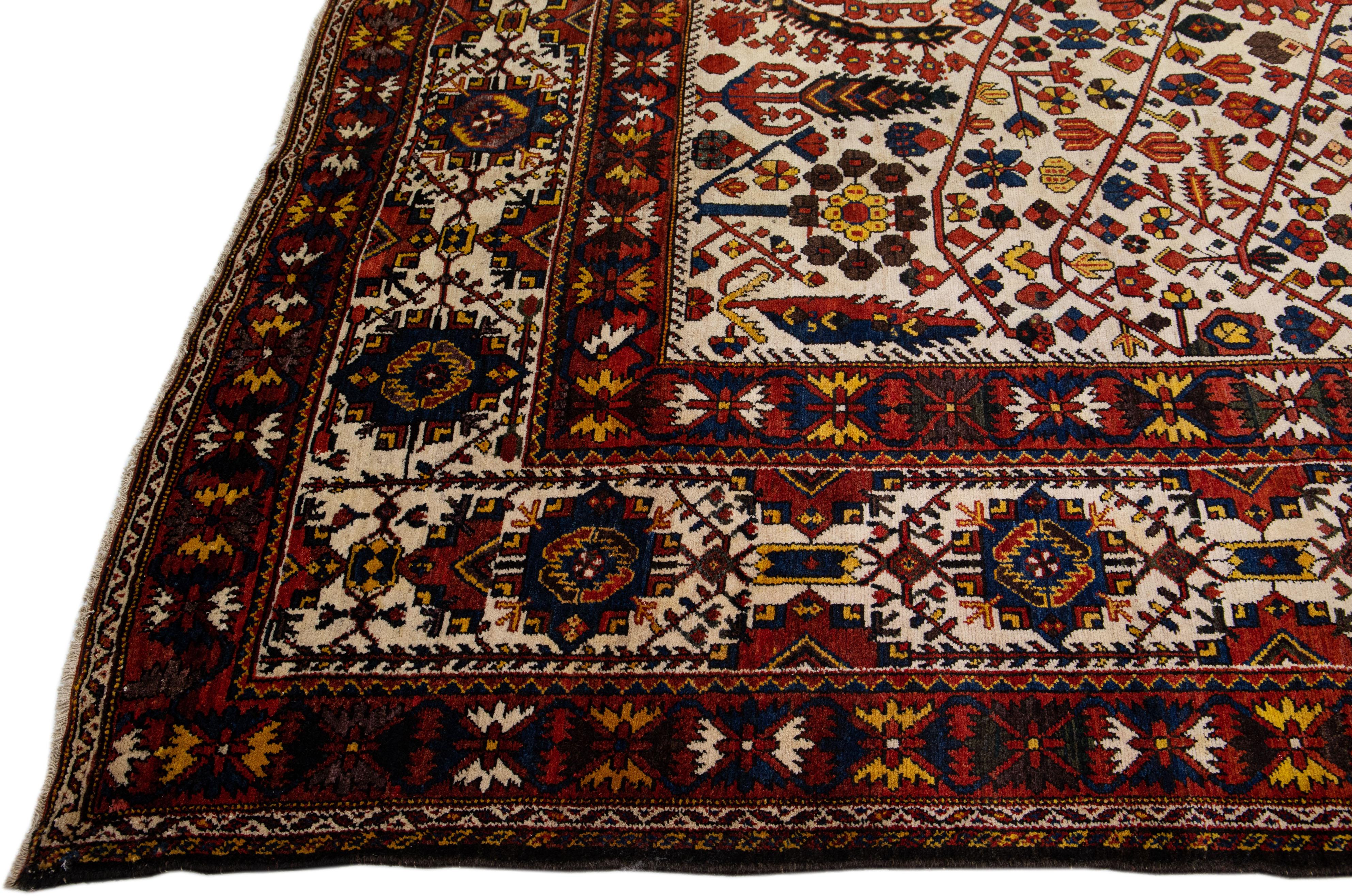 Islamic Handmade Persian Bakhtiari Beige Wool Rug with Allover Design For Sale