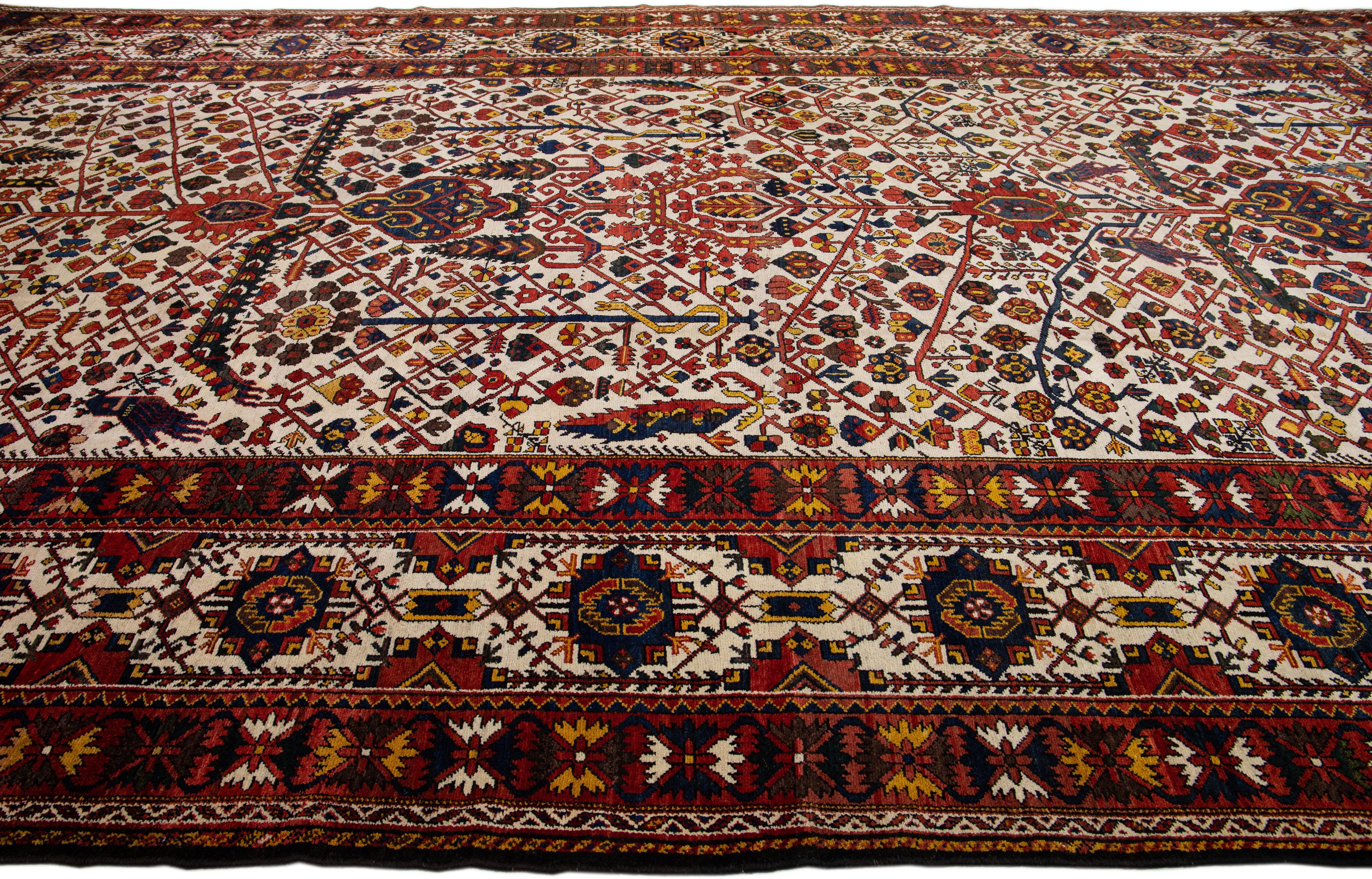 Hand-Knotted Handmade Persian Bakhtiari Beige Wool Rug with Allover Design For Sale