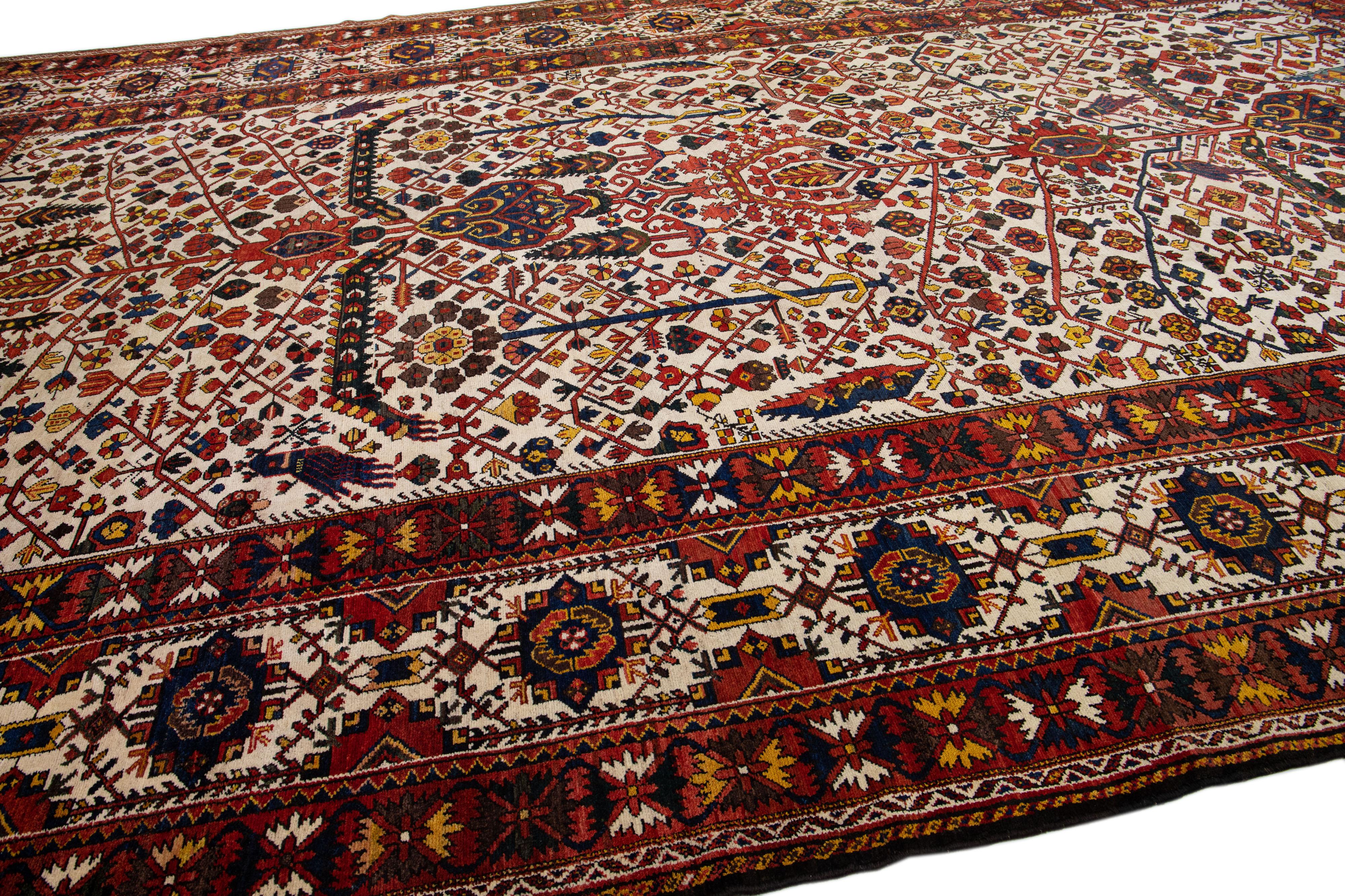 Handmade Persian Bakhtiari Beige Wool Rug with Allover Design In Good Condition For Sale In Norwalk, CT