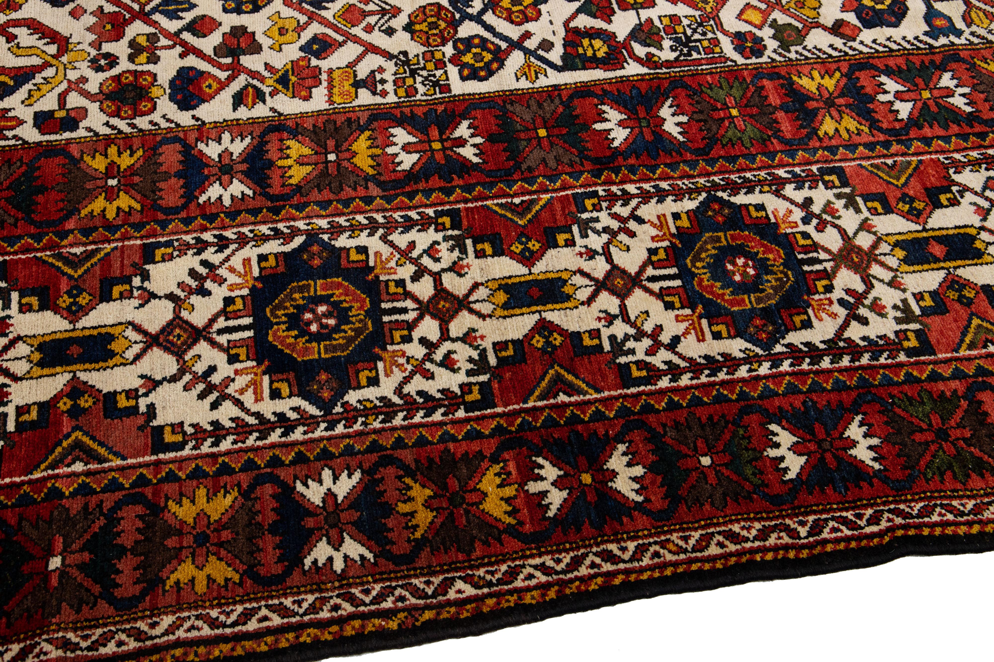 20th Century Handmade Persian Bakhtiari Beige Wool Rug with Allover Design For Sale