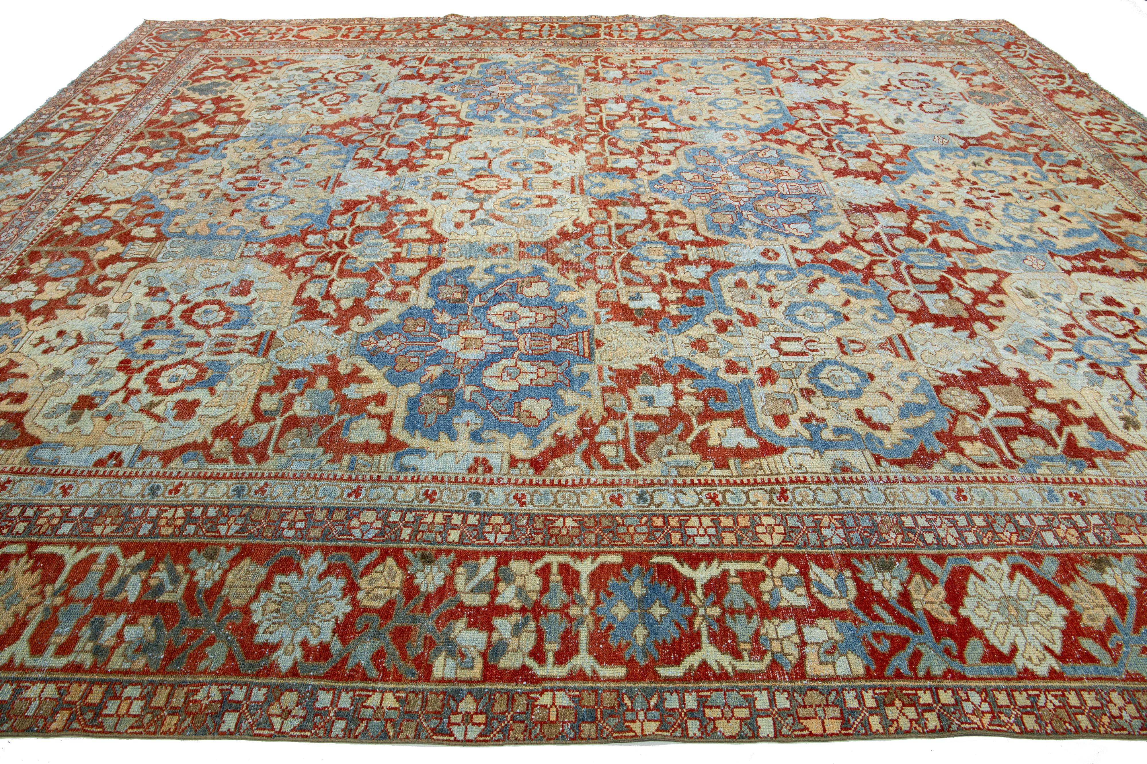 Hand-Knotted Handmade Persian Bakhtiari Red Wool Rug featuring an Allover Floral Pattern For Sale