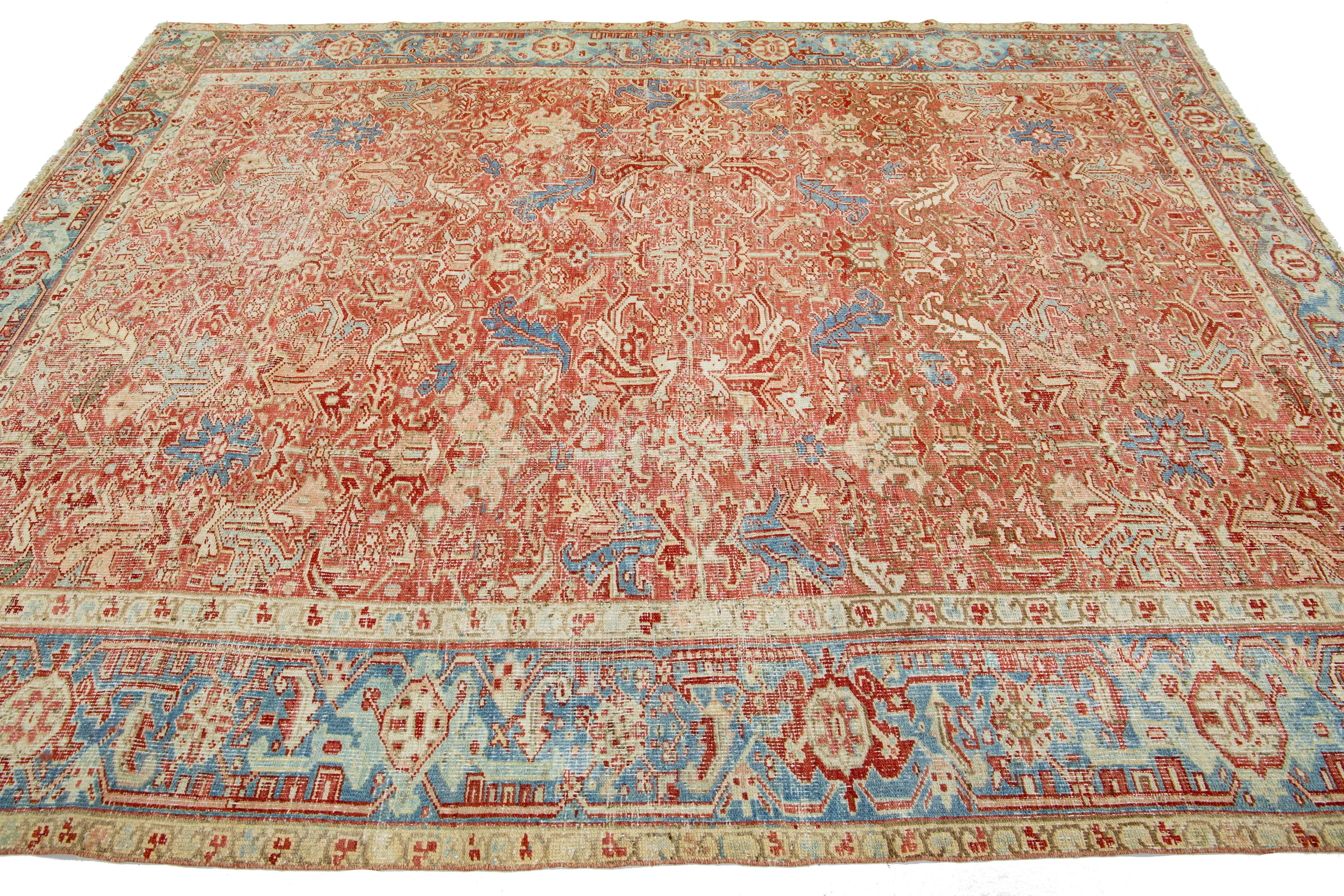 Hand-Knotted Handmade Persian Heriz Handmade Wool Rug In Red-Rust with Medallion Motif   For Sale
