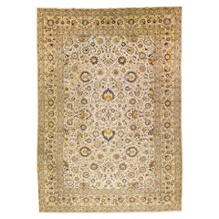 Handgefertigter persischer Kashan-Wollteppich in Beige, geblümt, antik