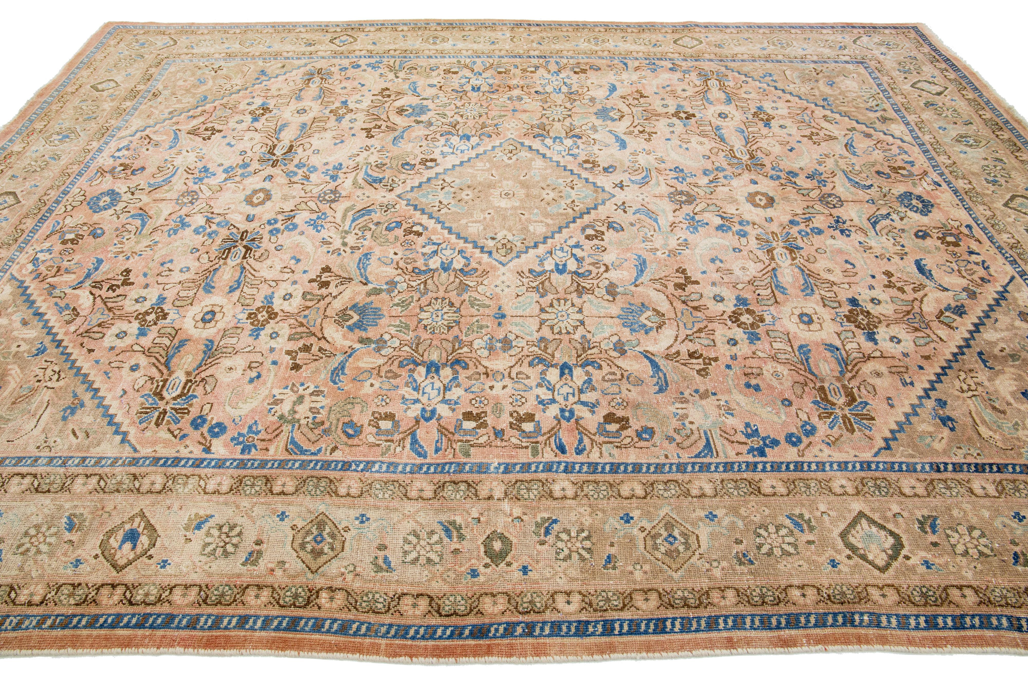Hand-Knotted Handmade Persian Mahal Peach Wool Rug Featuring an Allover Floral Motif For Sale