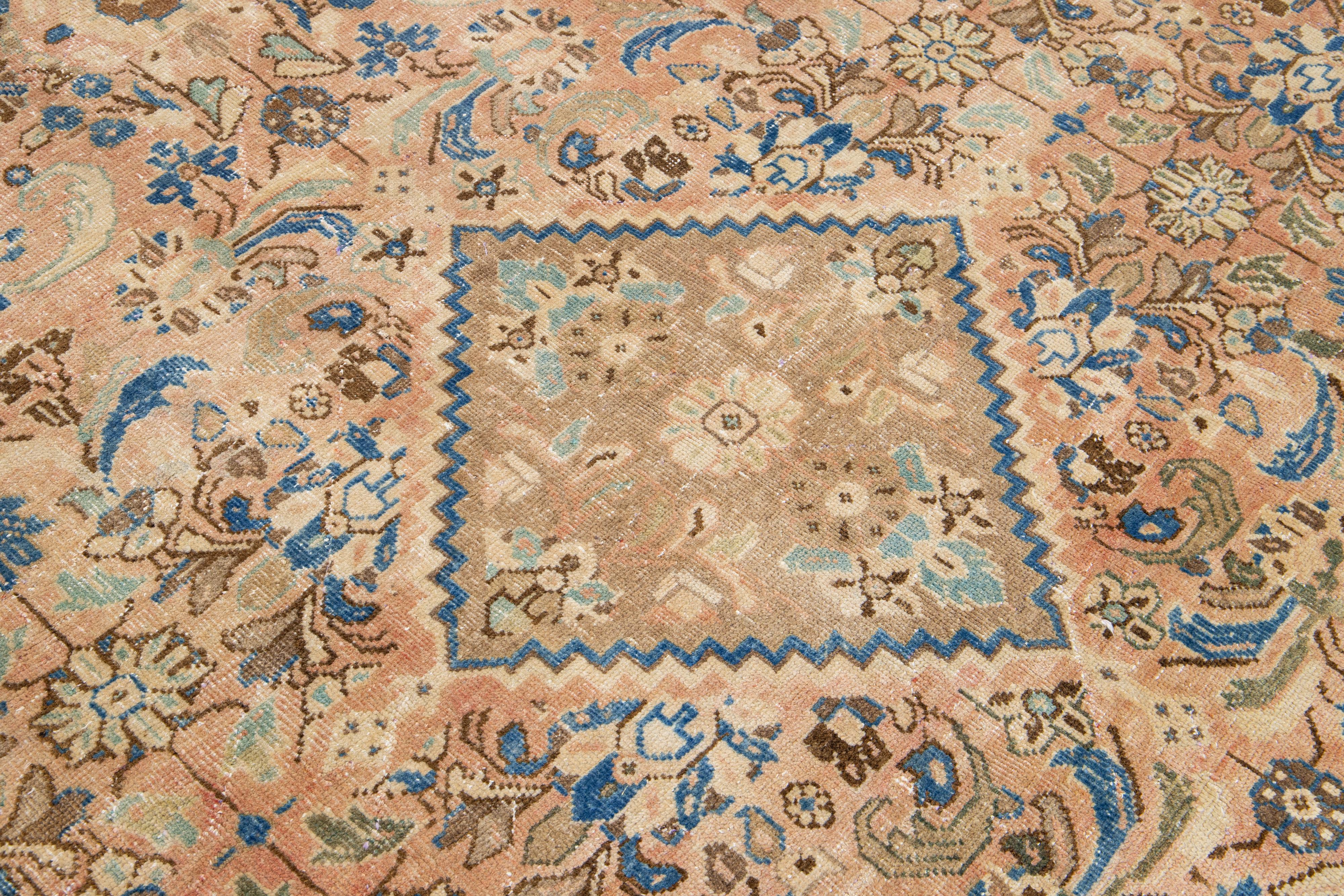 Handmade Persian Mahal Peach Wool Rug Featuring an Allover Floral Motif For Sale 1
