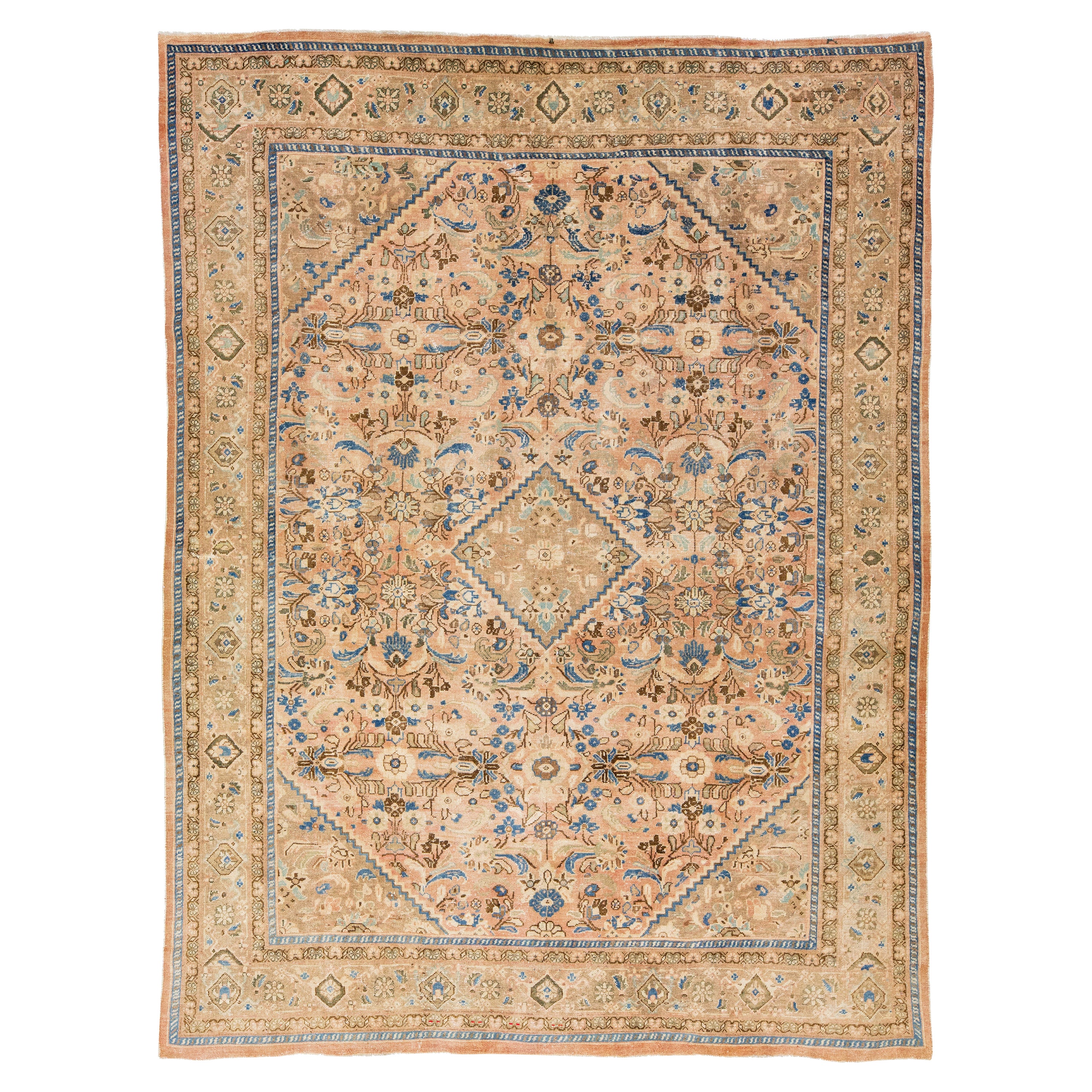 Handmade Persian Mahal Peach Wool Rug Featuring an Allover Floral Motif