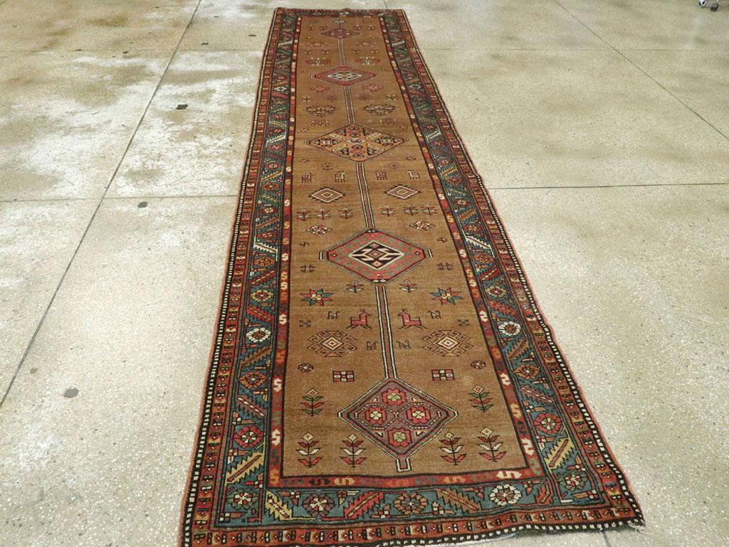 Hand-Knotted Handmade Persian Serab Folk Runner in Brown and Blue-Green For Sale