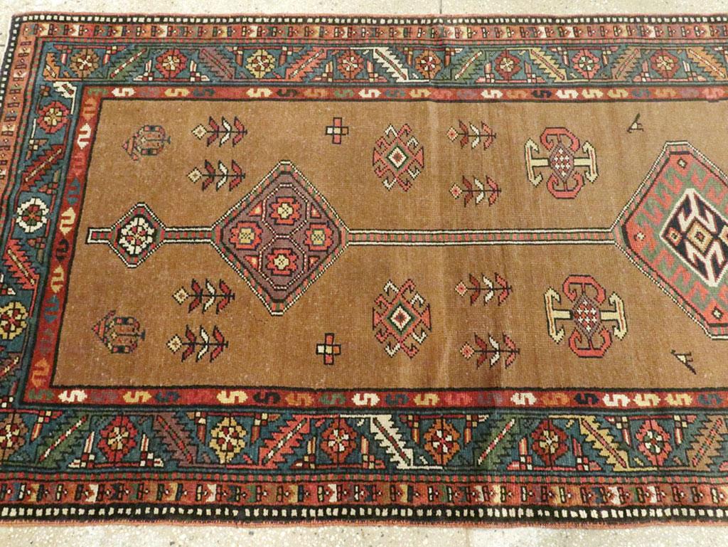 Wool Handmade Persian Serab Folk Runner in Brown and Blue-Green For Sale