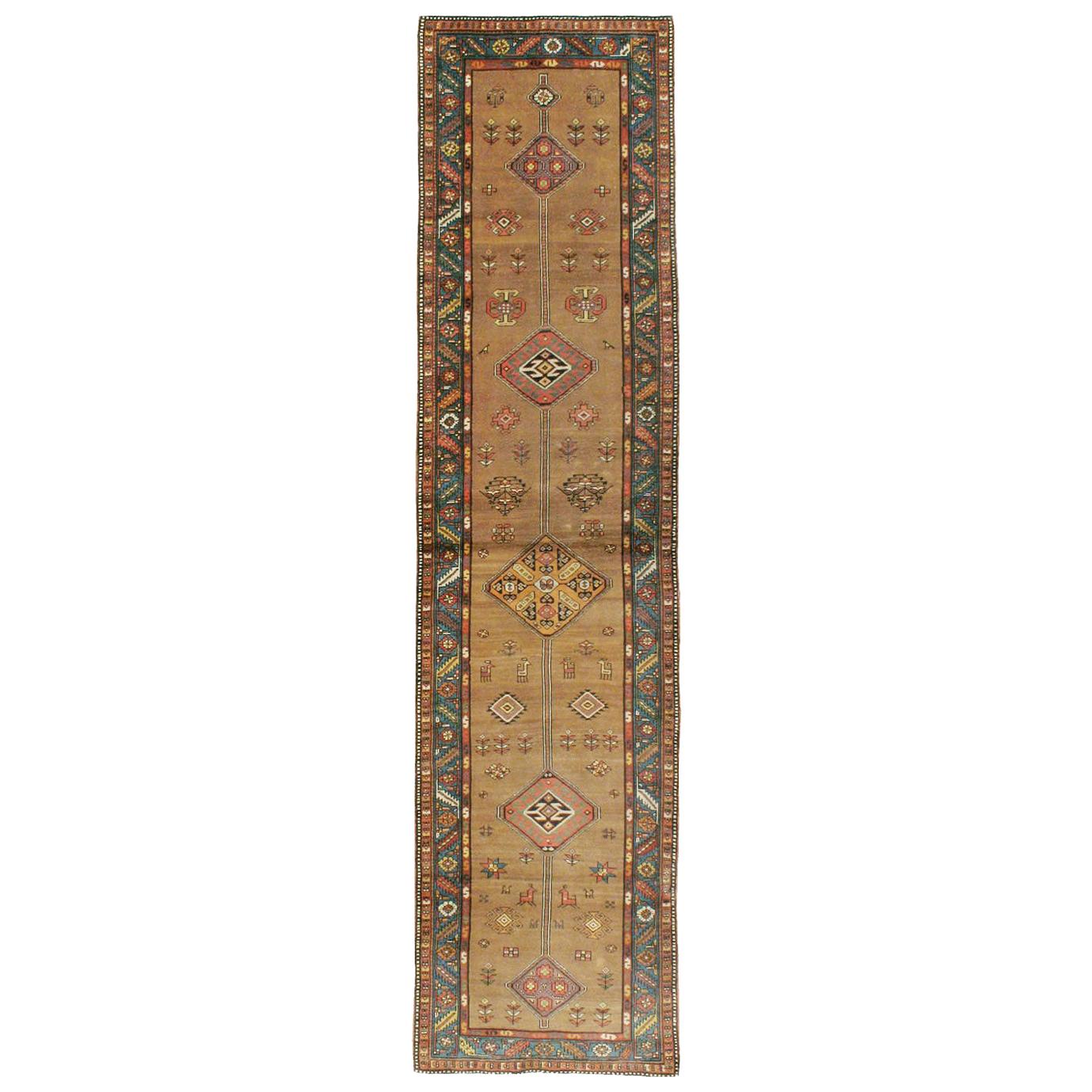 Handmade Persian Serab Folk Runner in Brown and Blue-Green For Sale