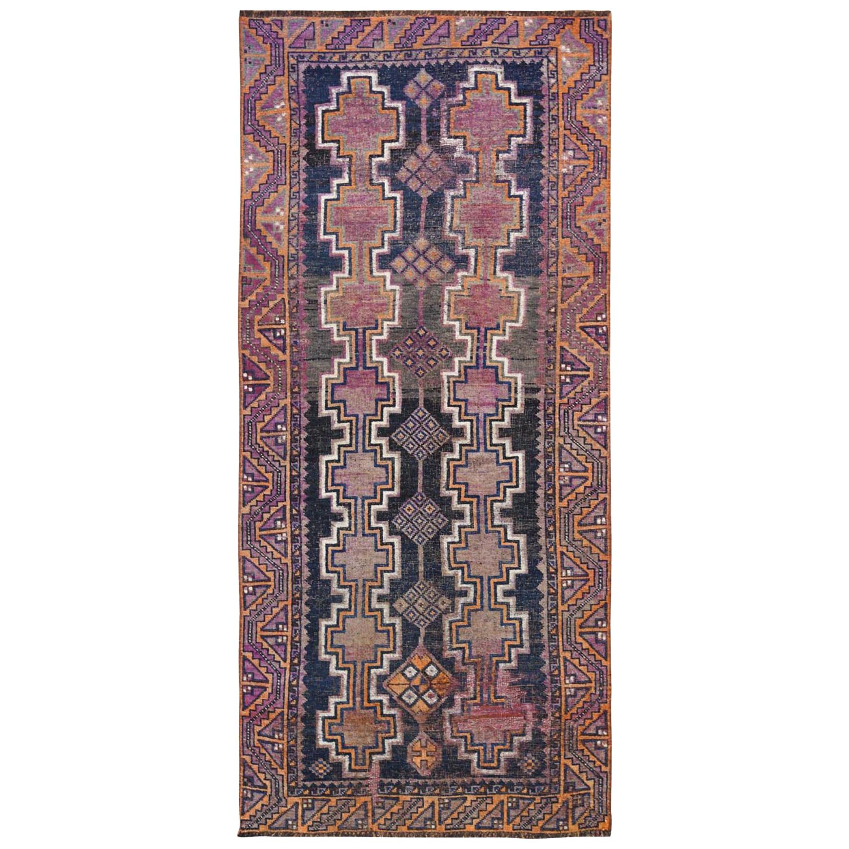 Handmade Persian Shiraz Vintage Worn Down Wool Bohemian Gallery Size Runner Rug For Sale