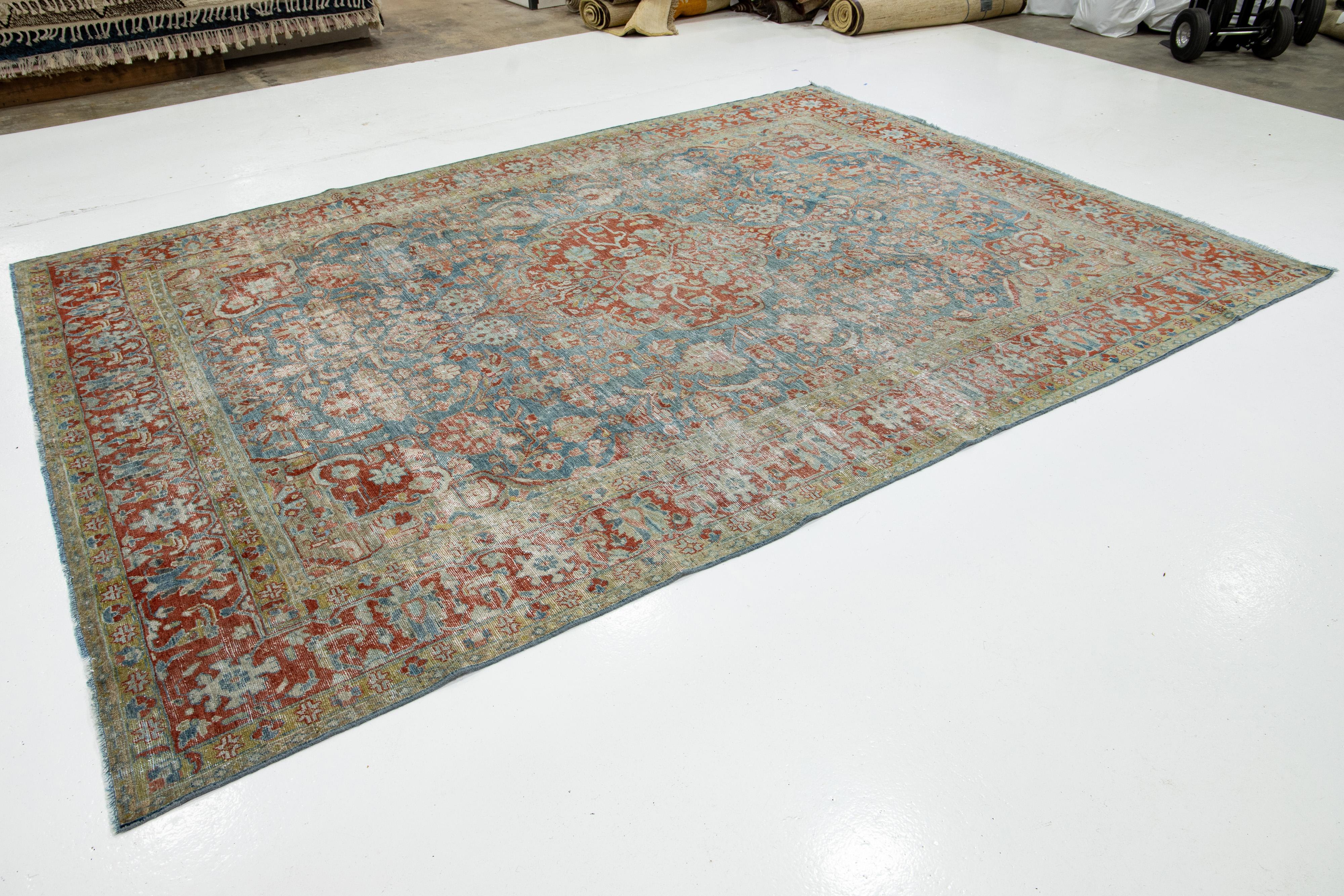 Handmade Persian Wool Rug In Blue with Medallion Design In Distressed Condition For Sale In Norwalk, CT