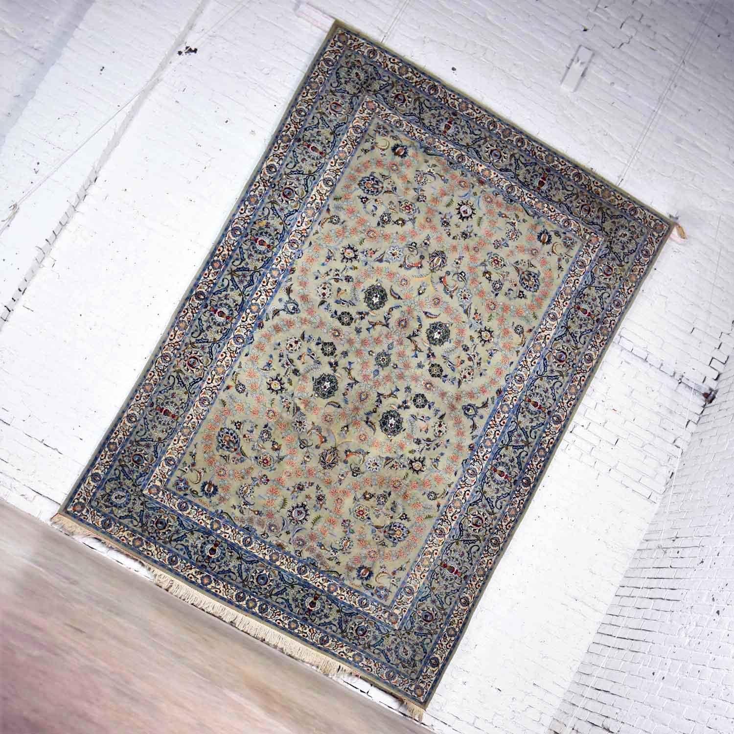 Handmade Persian Wool Tabriz Style Large Rug Light Teal Green Ground In Good Condition For Sale In Topeka, KS