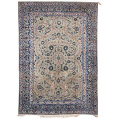 Vintage Handmade Persian Wool Tabriz Style Large Rug Light Teal Green Ground