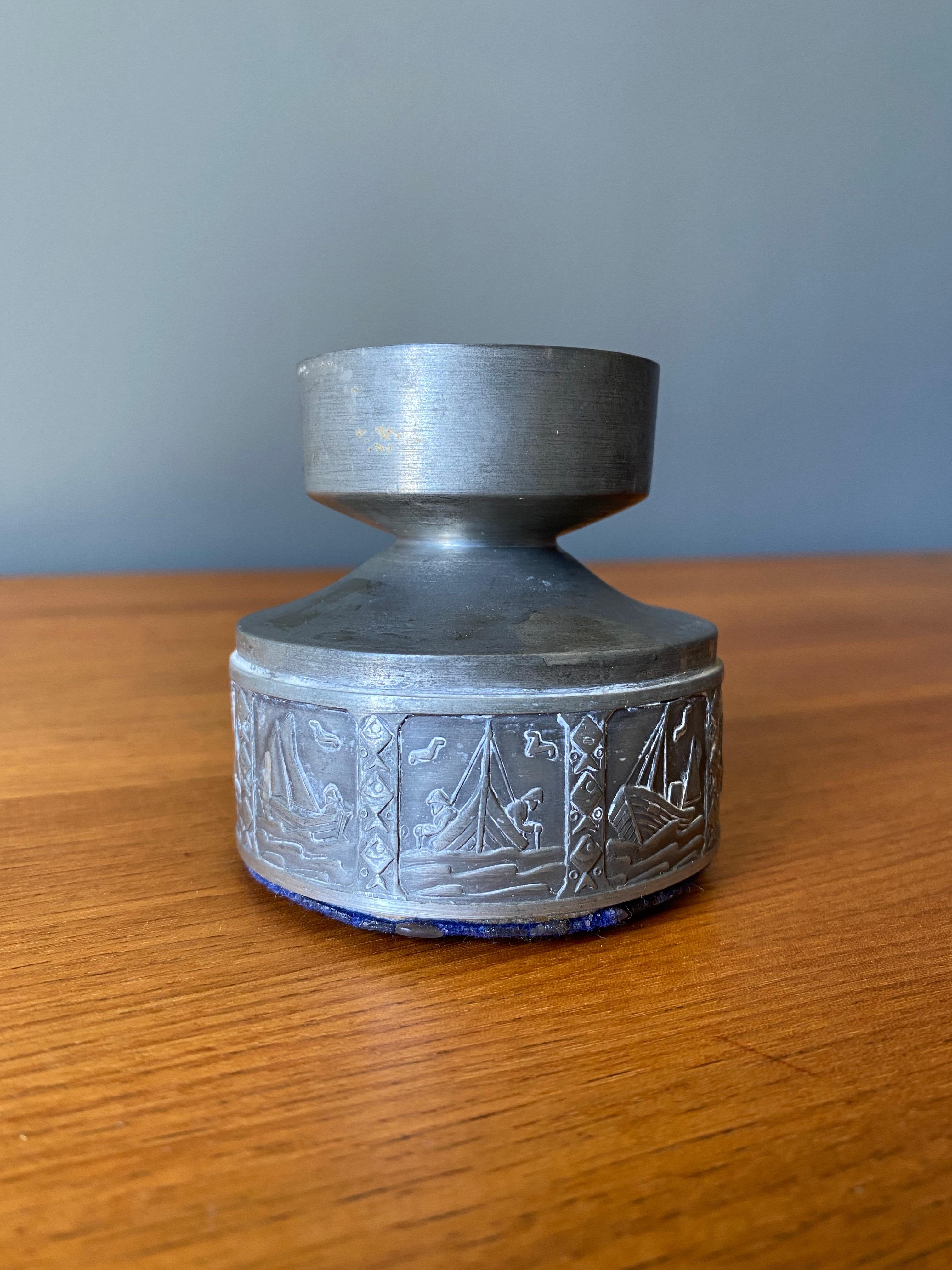 Handmade Pewter candle holder, Signed 