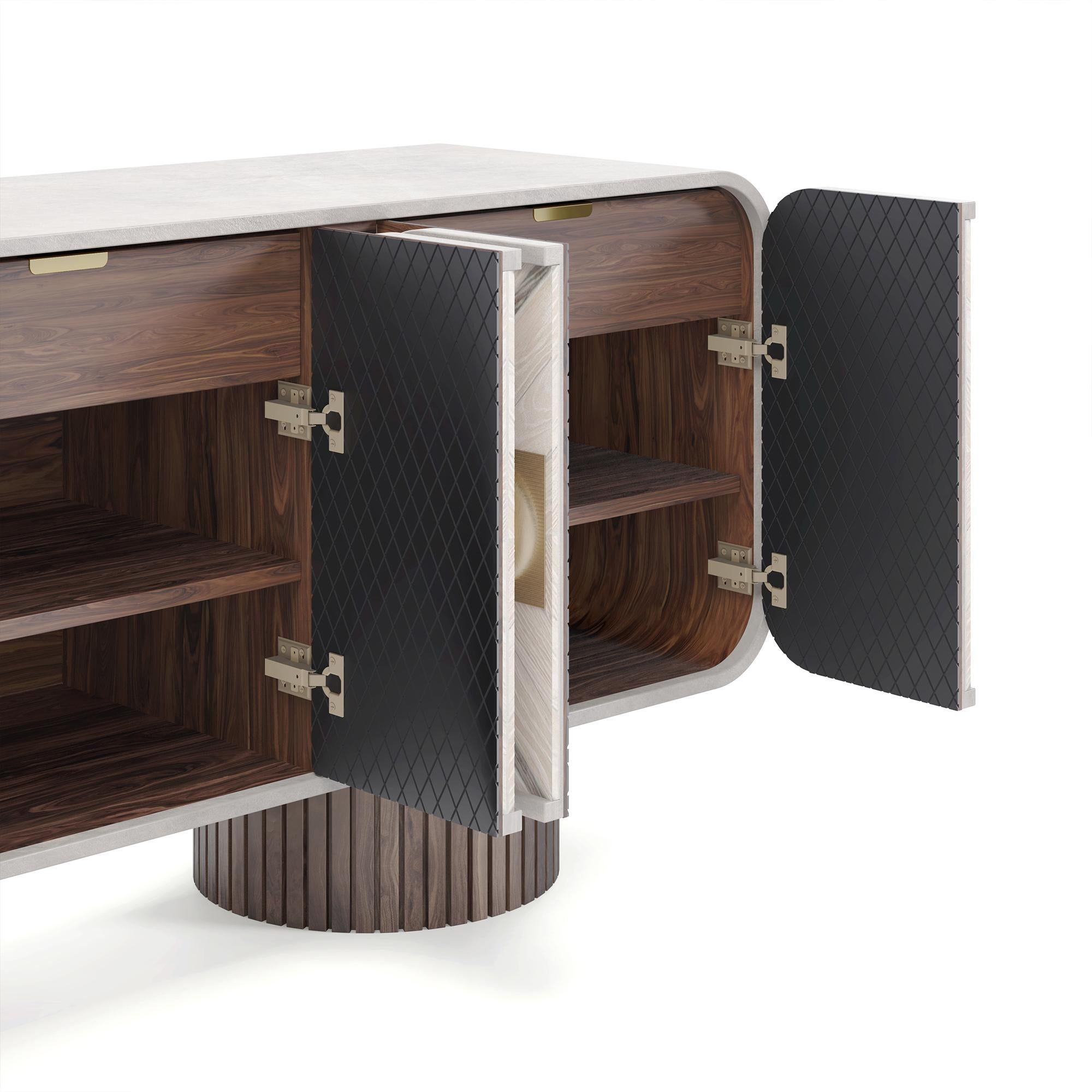 Contemporary Handmade Phillip Sideboard in Walnut & Polished Brass Accents by Nolita Harbo For Sale