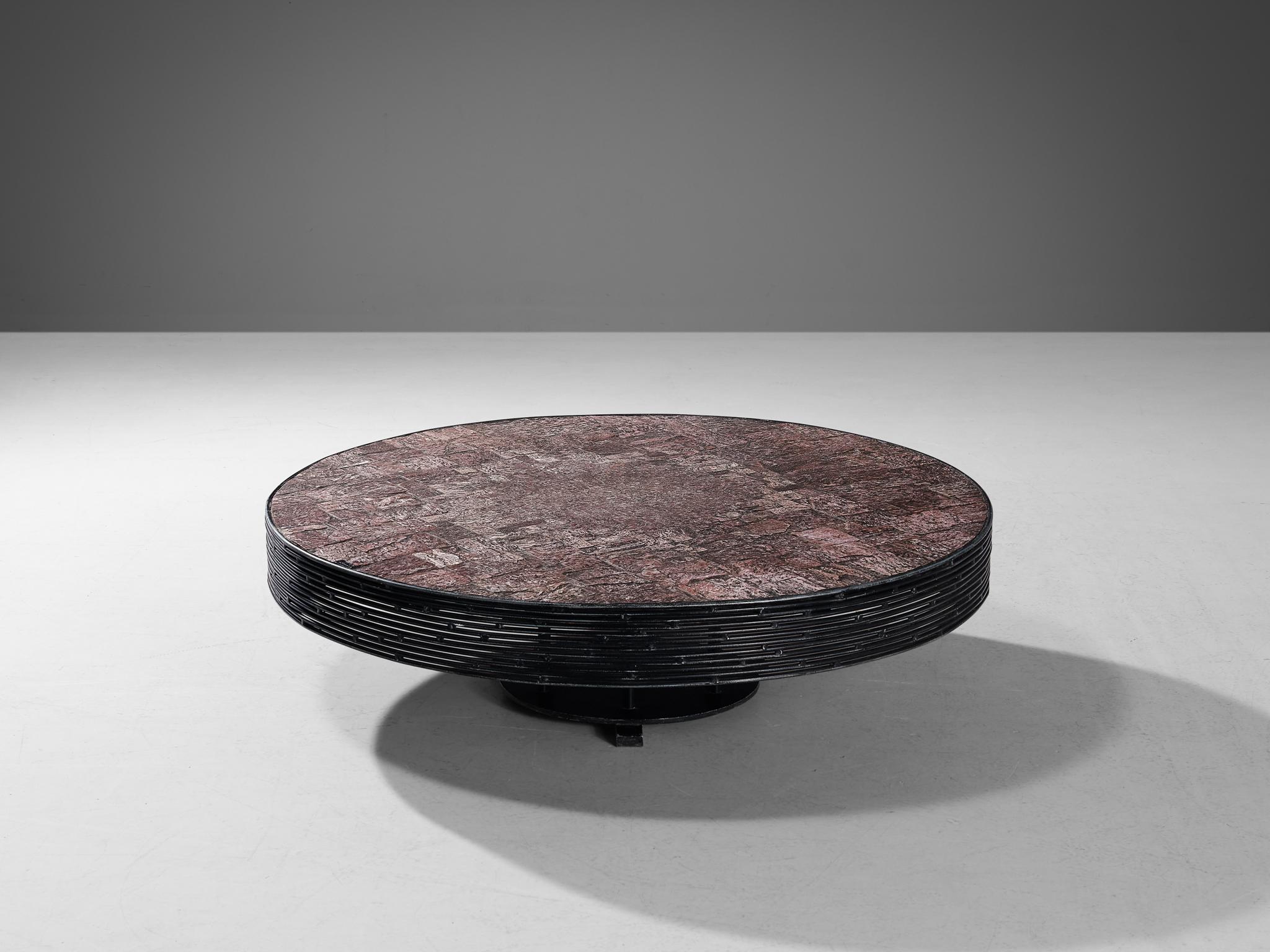 Pia Manu, coffee table, metal, quartz, Belgium, 1965.

This unique, hand made piece is designed in the workshop of Pia Manu. Due to the artistic use of materials and texture combinations, the coffee table has a strong decorative character and hits