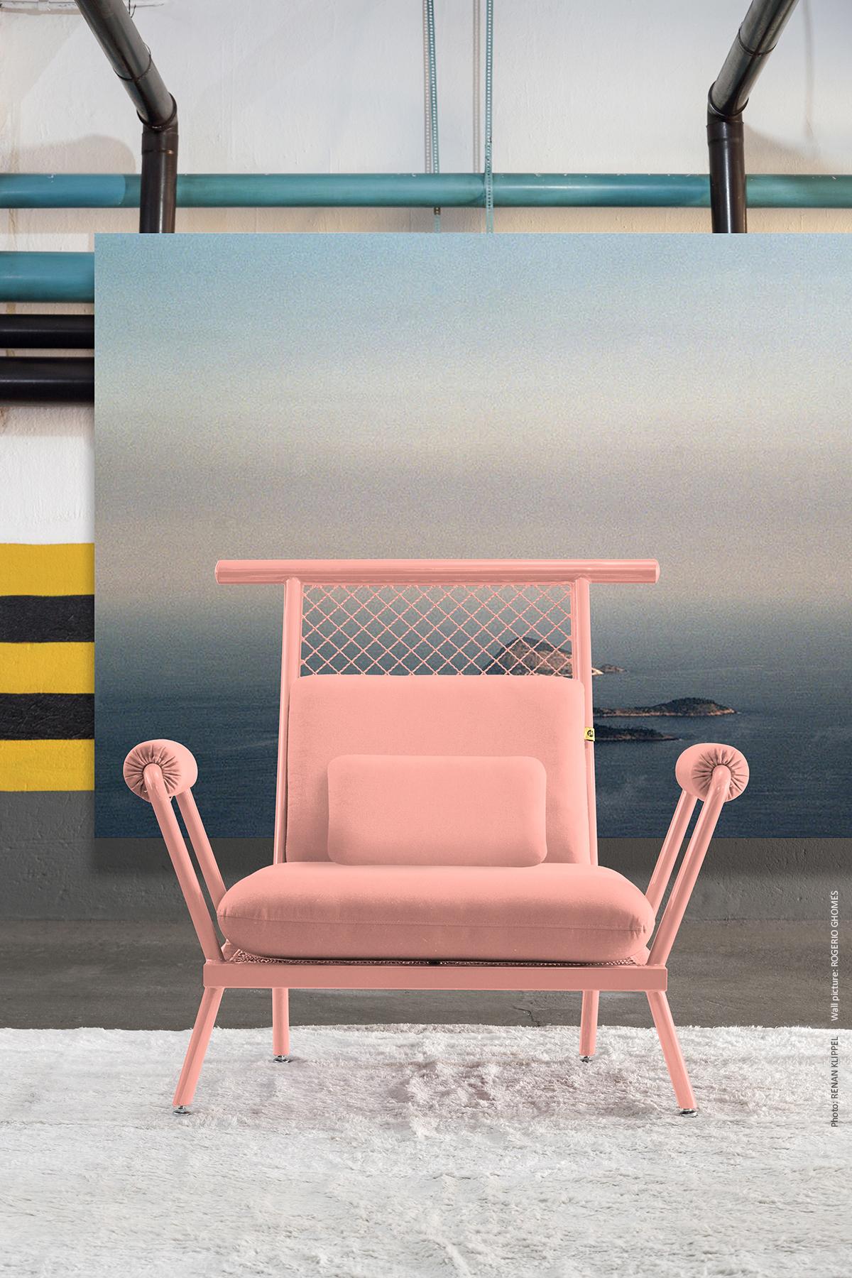 Handgefertigter rosa PK6 Sessel aus Kohlenstoffstahl und Metallgeflecht von Paulo Kobylka (21. Jahrhundert und zeitgenössisch) im Angebot