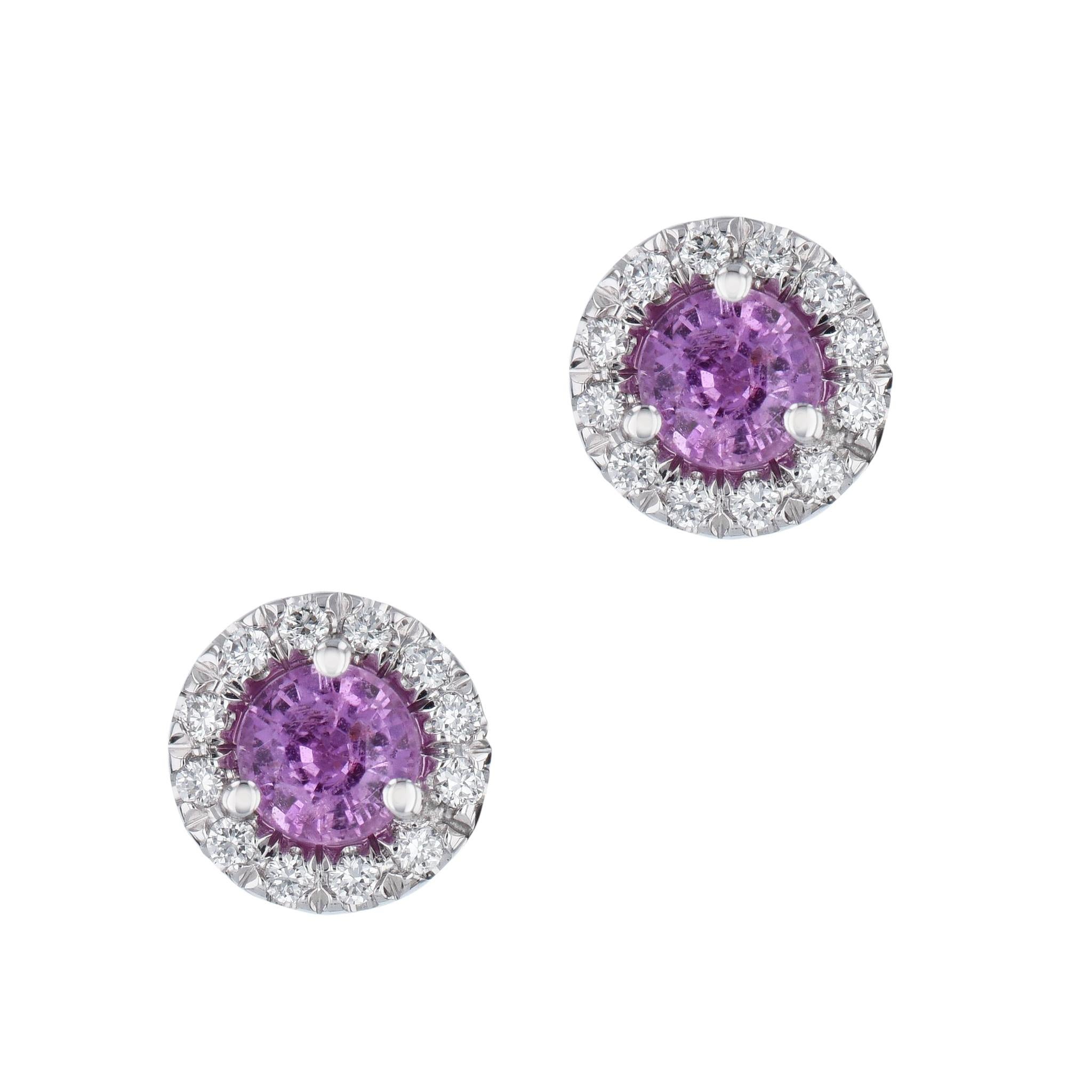 Round Cut Handmade Pink Sapphire Pave Diamond Halo Stud Earrings For Sale