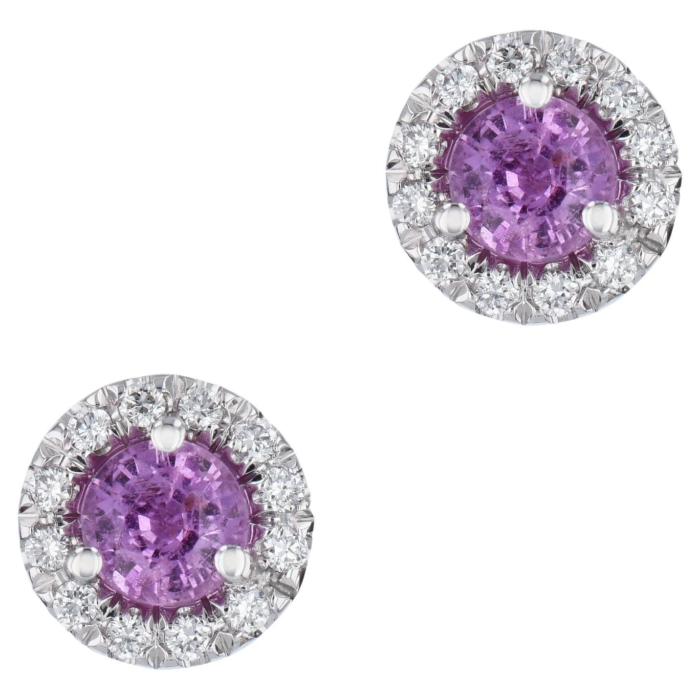 Handmade Pink Sapphire Pave Diamond Halo Stud Earrings For Sale