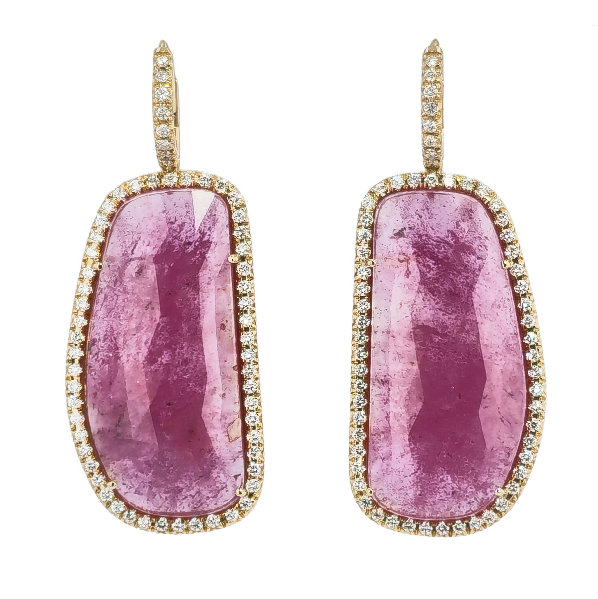 Handmade Pink Sapphire Slice Diamond Drop Earrings In New Condition For Sale In Miami, FL