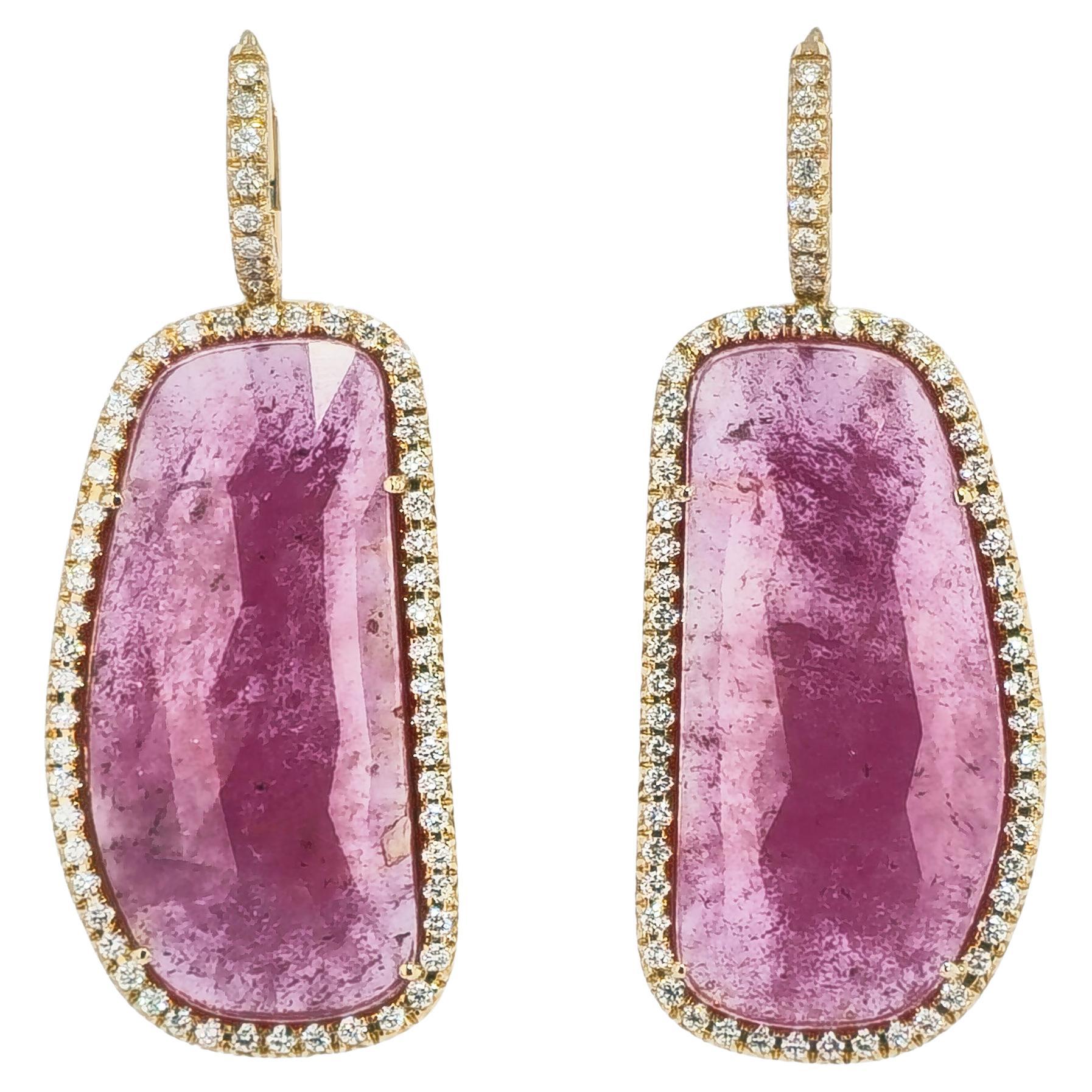 Handmade Pink Sapphire Slice Diamond Drop Earrings For Sale