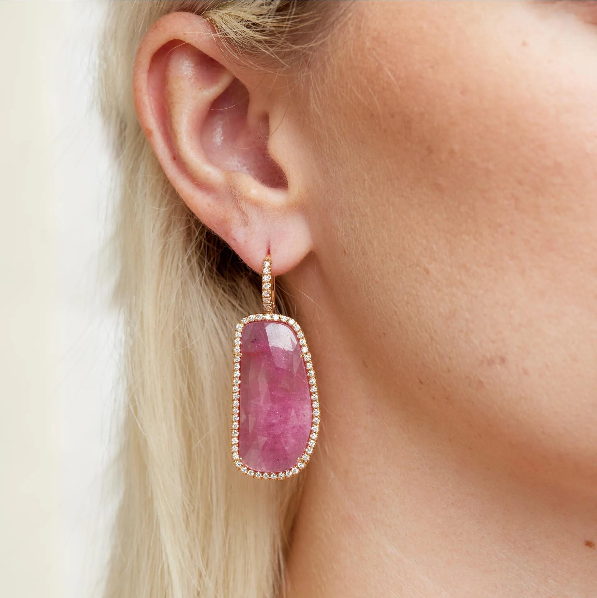 Women's Handmade Pink Sapphire Slice Drop Diamond Earrings For Sale