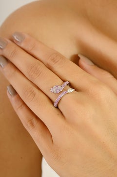 Handmade Pink Sapphire with Diamonds Serpent Wrap Around Ring in 14k White Gold