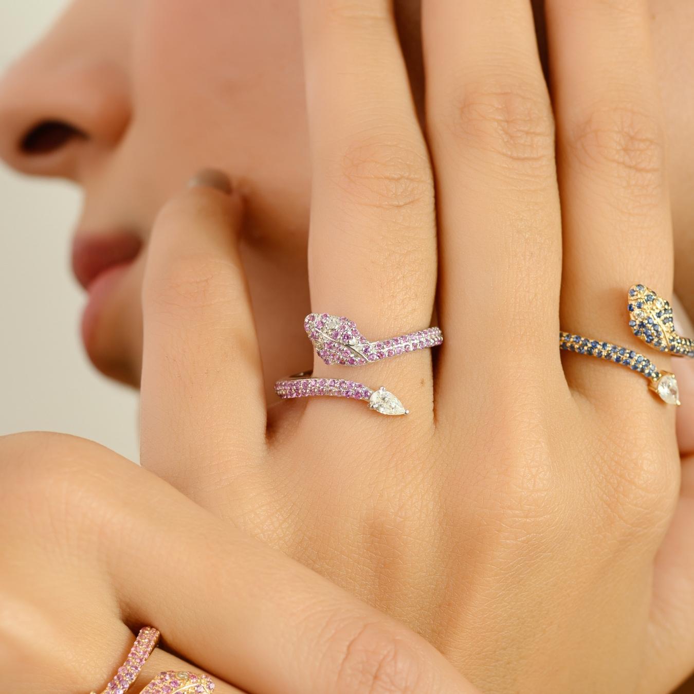 En vente :  Bague en or blanc 14k faite à la main avec saphir rose et diamants et serpent 4