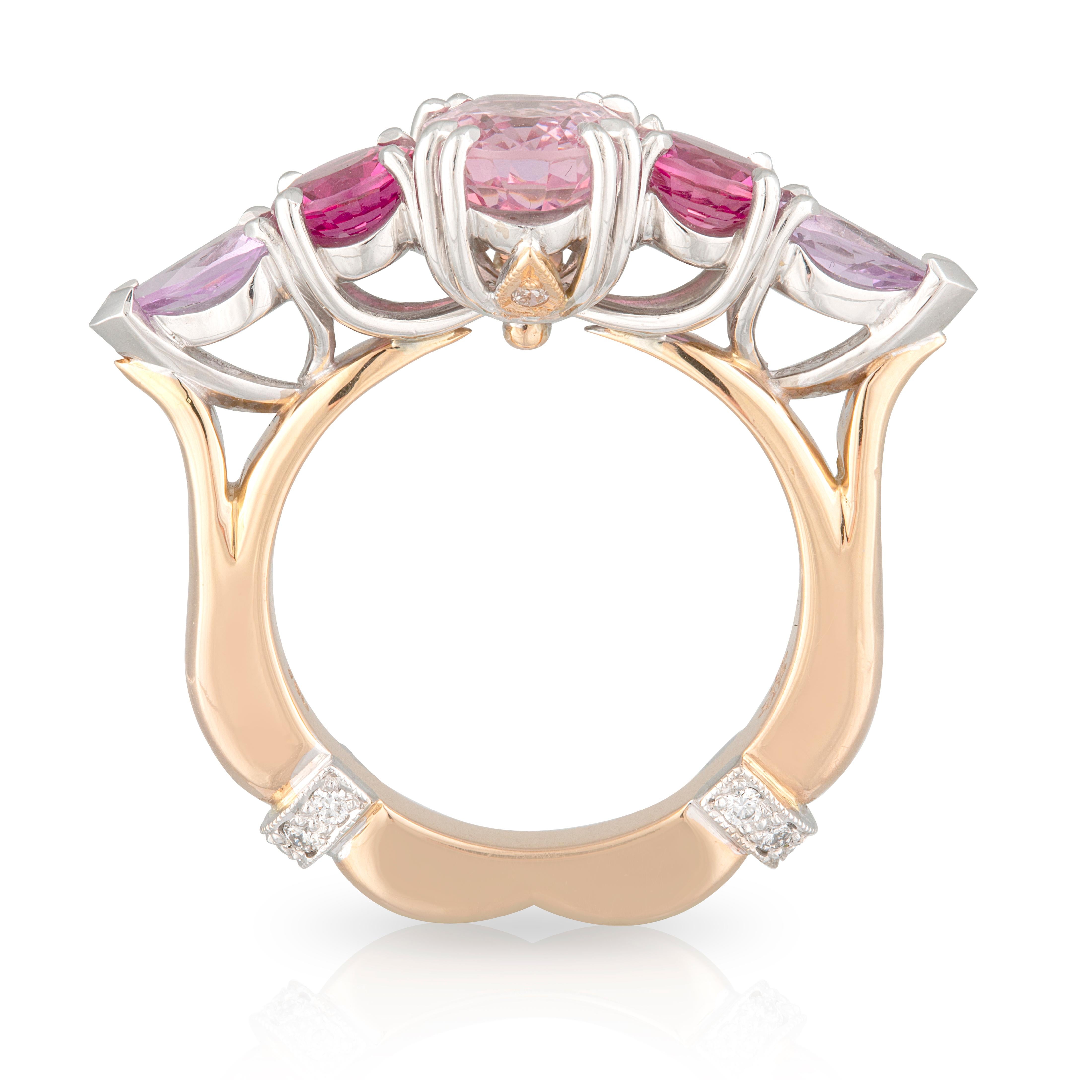 Handmade 18ct Rose & White Gold Oval 2.11ct Pink Spinel, Pink Tourmaline, Purple Sapphire & Diamond Dress Ring with intricate shank detail. TDW 0.10ct.
