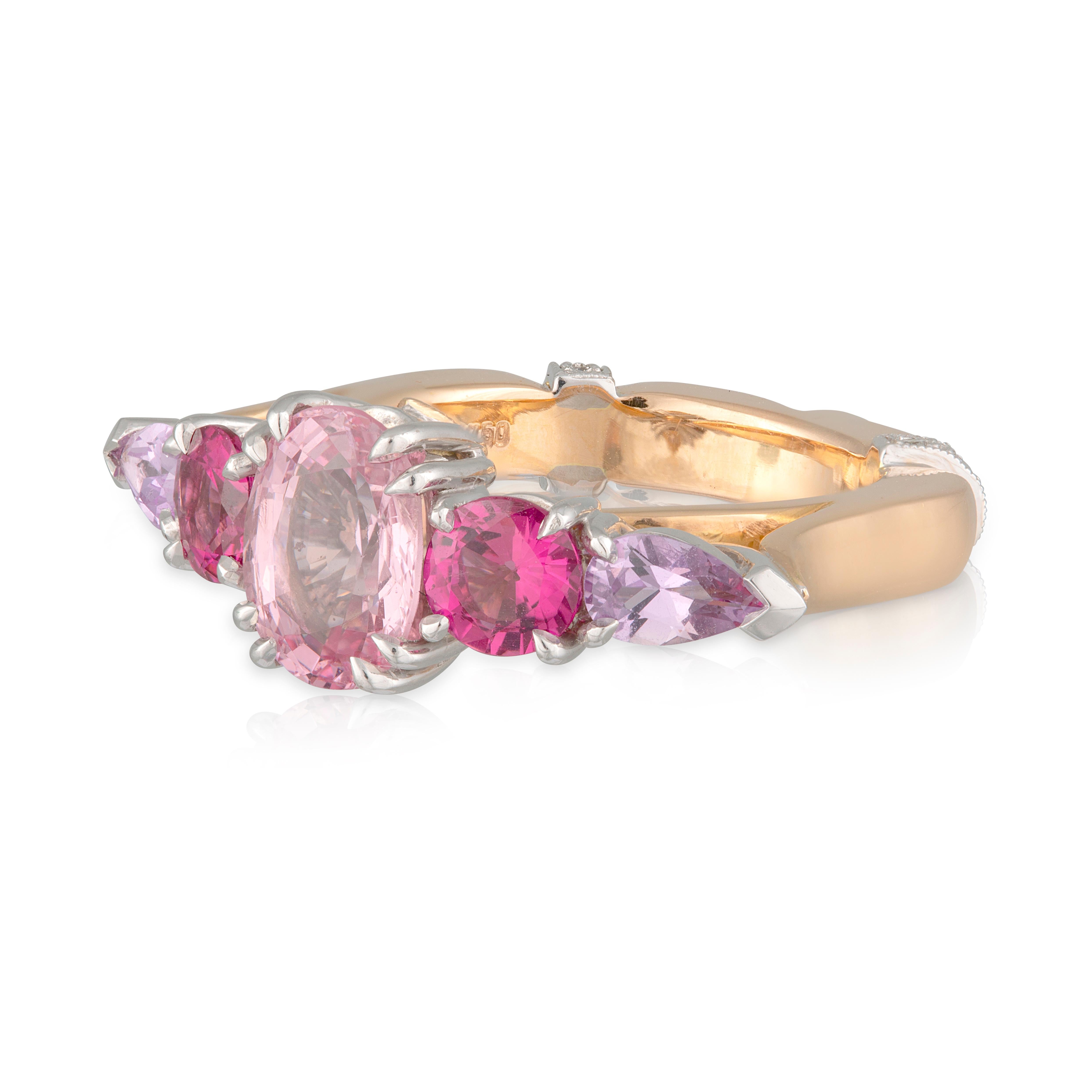 Art Deco Handmade 18ct Rose/White Gold Spinel, Tourmaline, Sapphire & Diamond Gatsby Ring For Sale