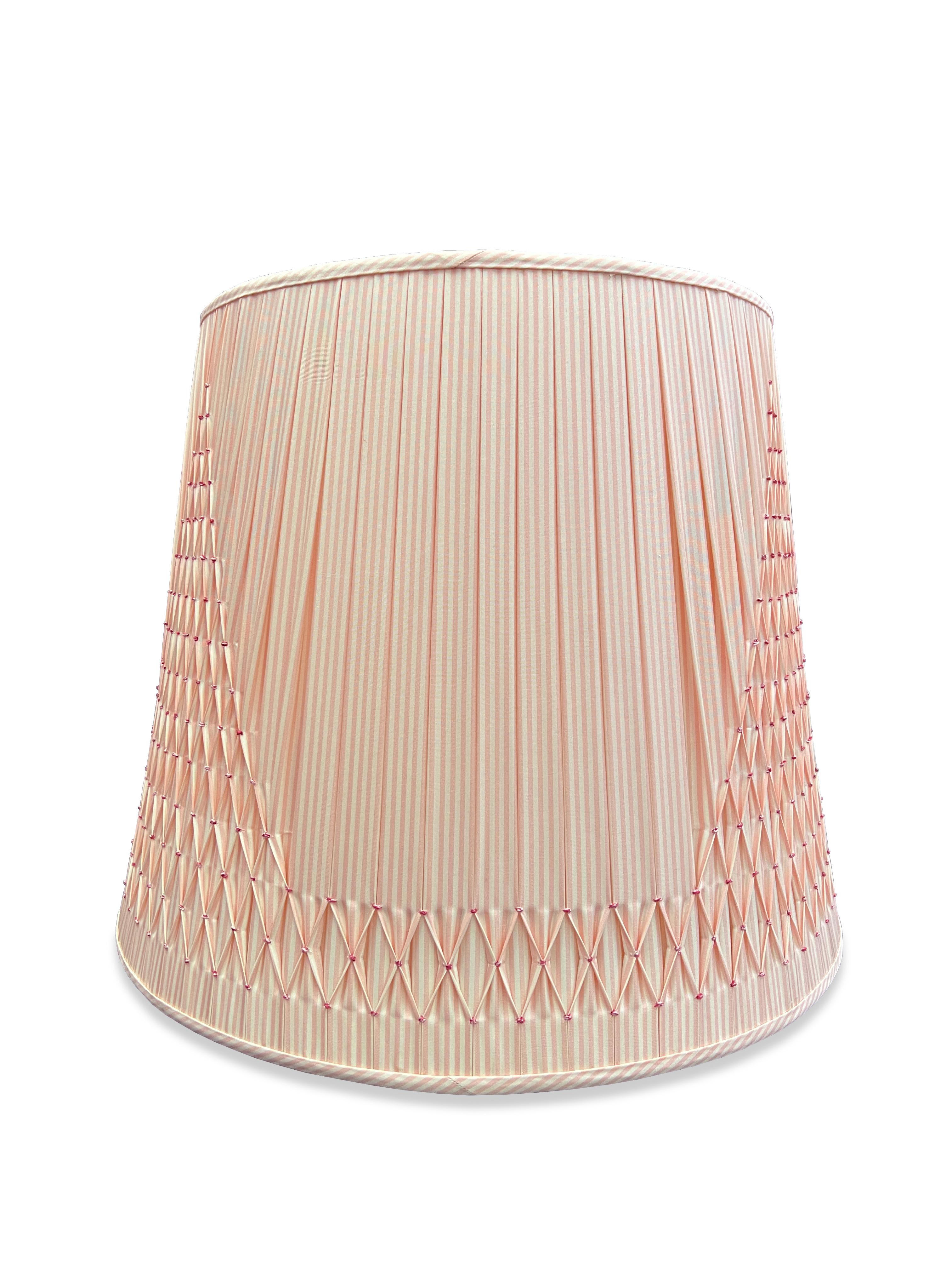 Gorgeous handmade pink stripped pleated lamp shade with diamond pattern. The perfect shade to enhance any floor or table lamp. 
Height: 13.25