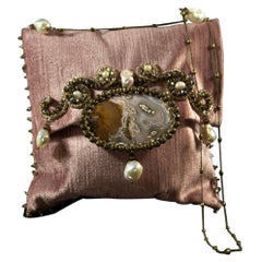 Handmade Pink Velvet Bag with Agate, Pearls and Quartz