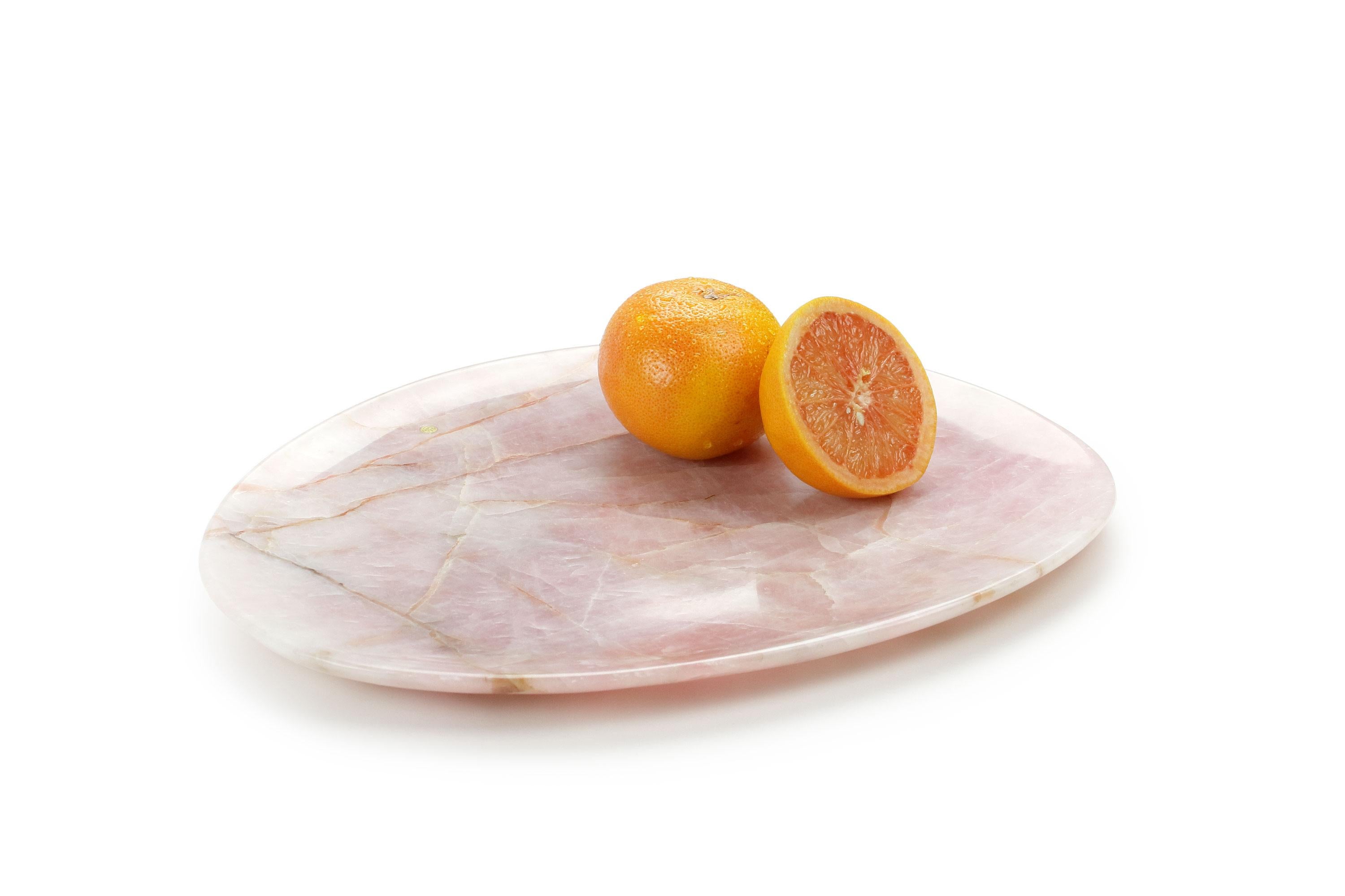 Modern Plate Platter Serveware Solid Rose Quartz Marble Hand-carved Collectible Italy