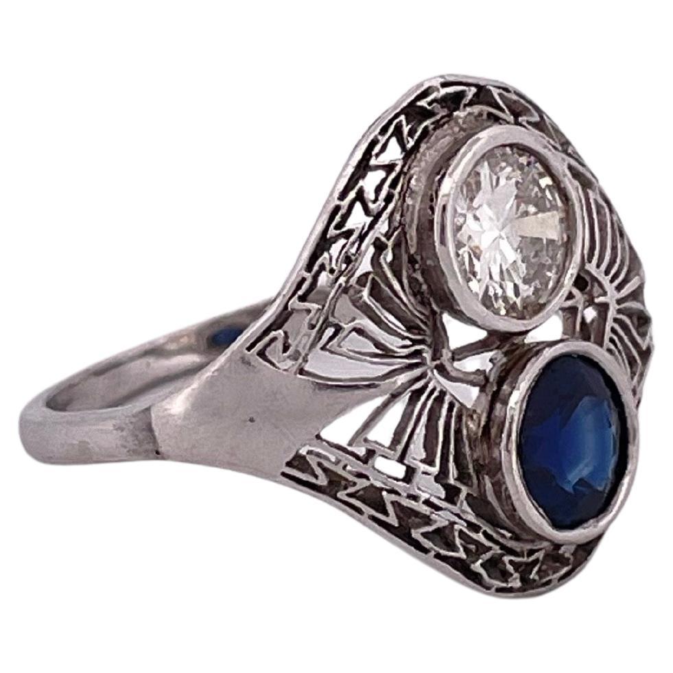 Art Déco Anello in platino fatto a mano con zaffiro da 0,80 ct. e diamante da 0,60 ct. in vendita