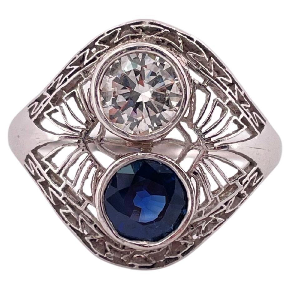 Anello in platino fatto a mano con zaffiro da 0,80 ct. e diamante da 0,60 ct. in vendita