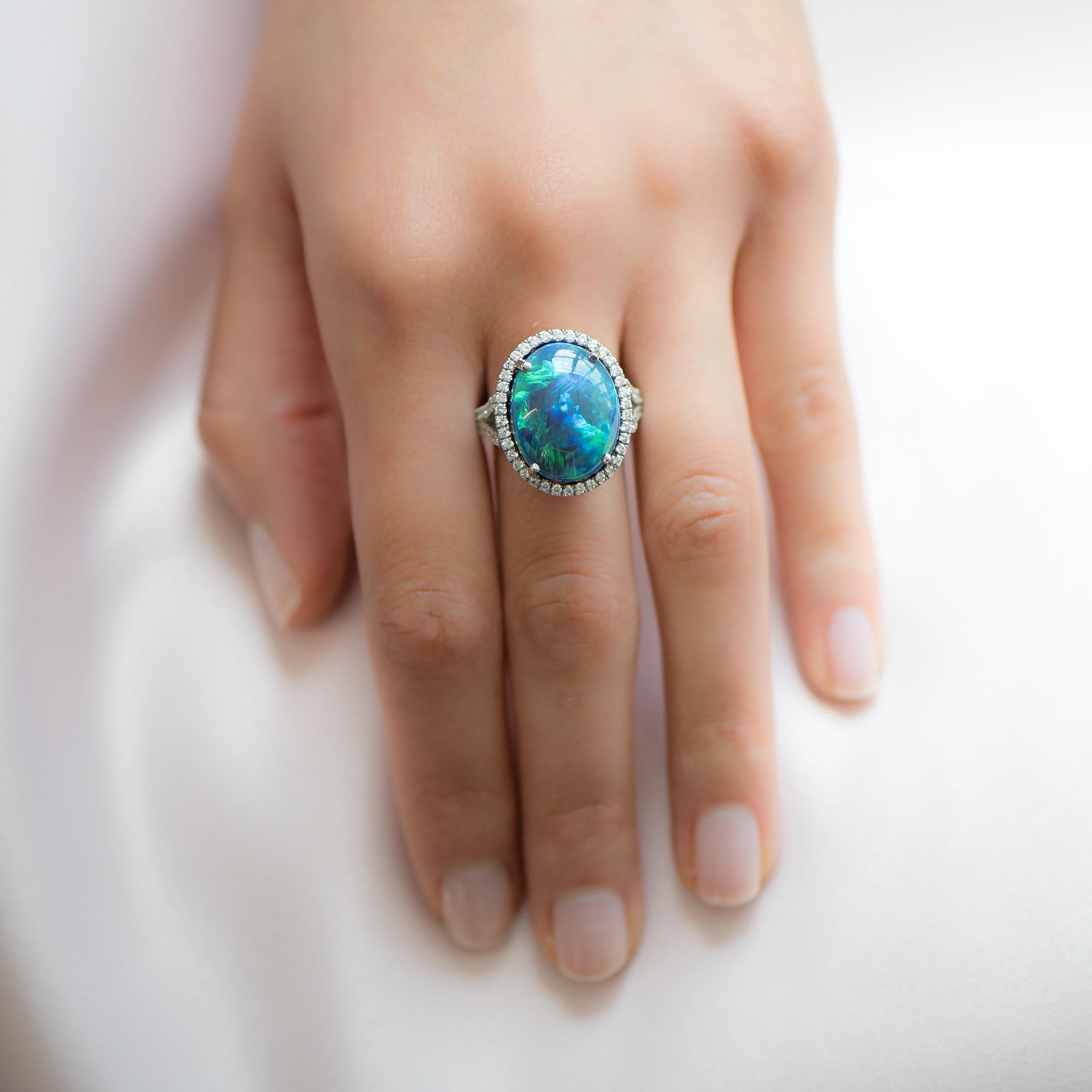 Women's or Men's Handmade Platinum, 12.31 Carat Opal and Diamond Cocktail Ring For Sale