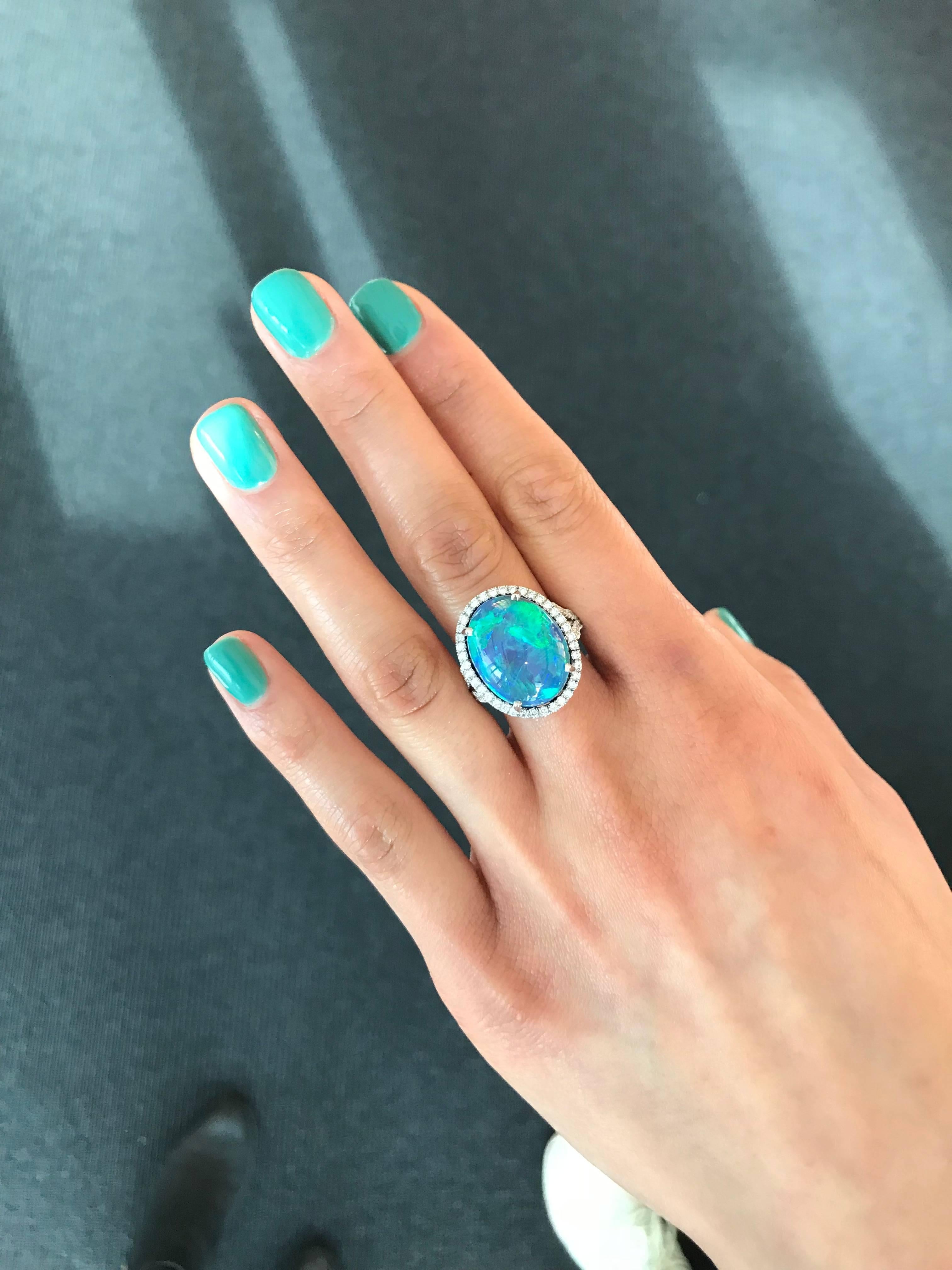 Handmade Platinum, 12.31 Carat Opal and Diamond Cocktail Ring For Sale 1