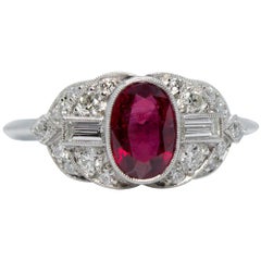 Handmade Platinum 1.50 Carat Ruby and Old Mine Cut Diamonds Ring