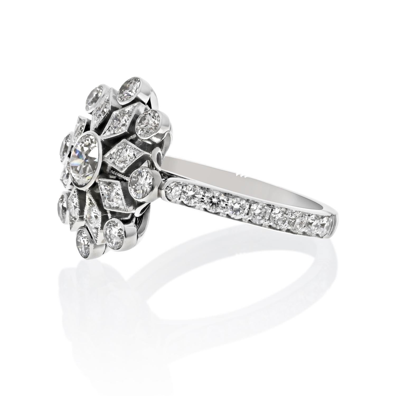 Contemporary Handmade Platinum 1.50cttw Ladies Diamond Snowflake Ring For Sale