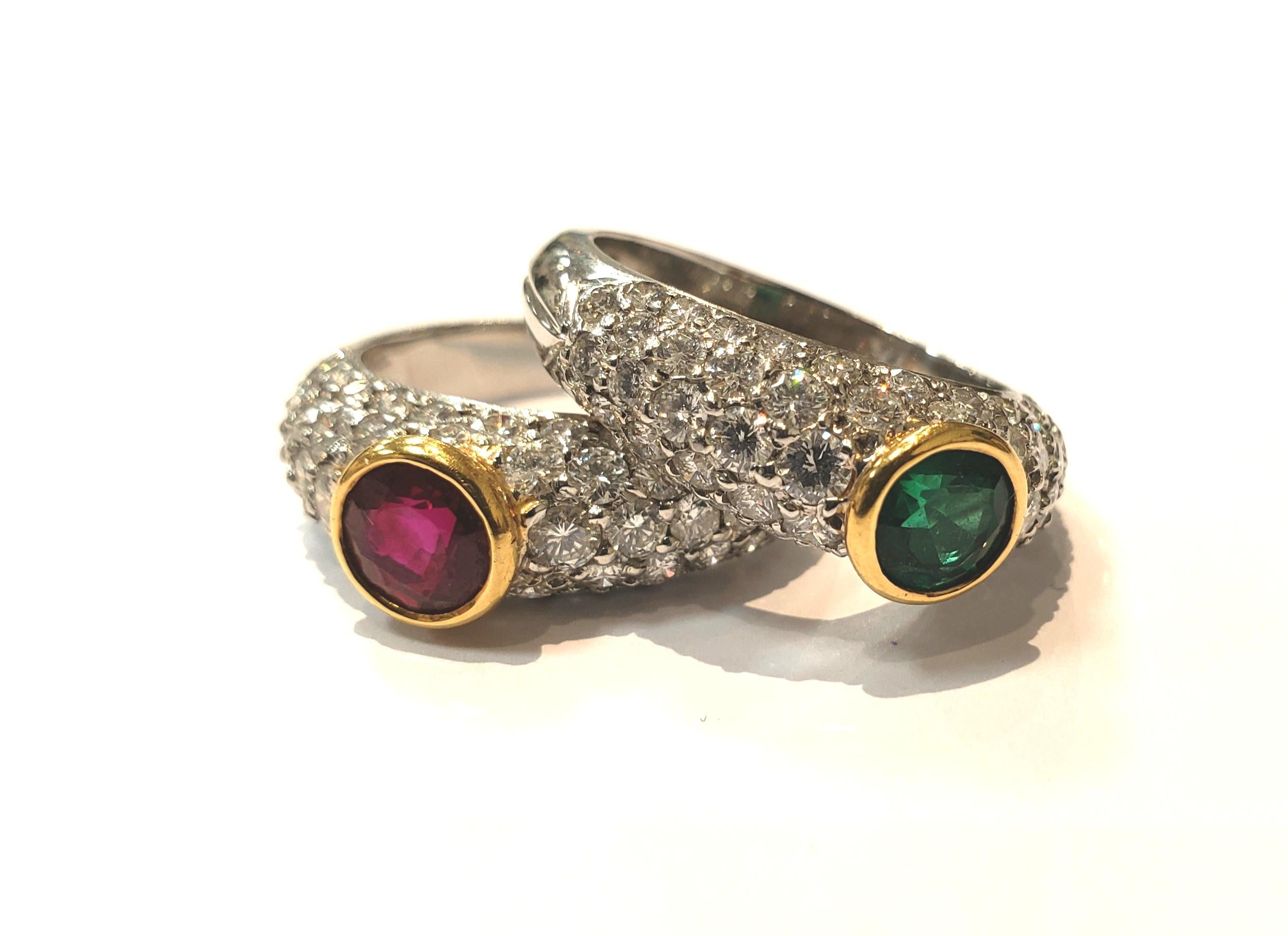 Contemporary Handmade Platinum, 18 Karat, Diamond and Emerald Domed Ring For Sale