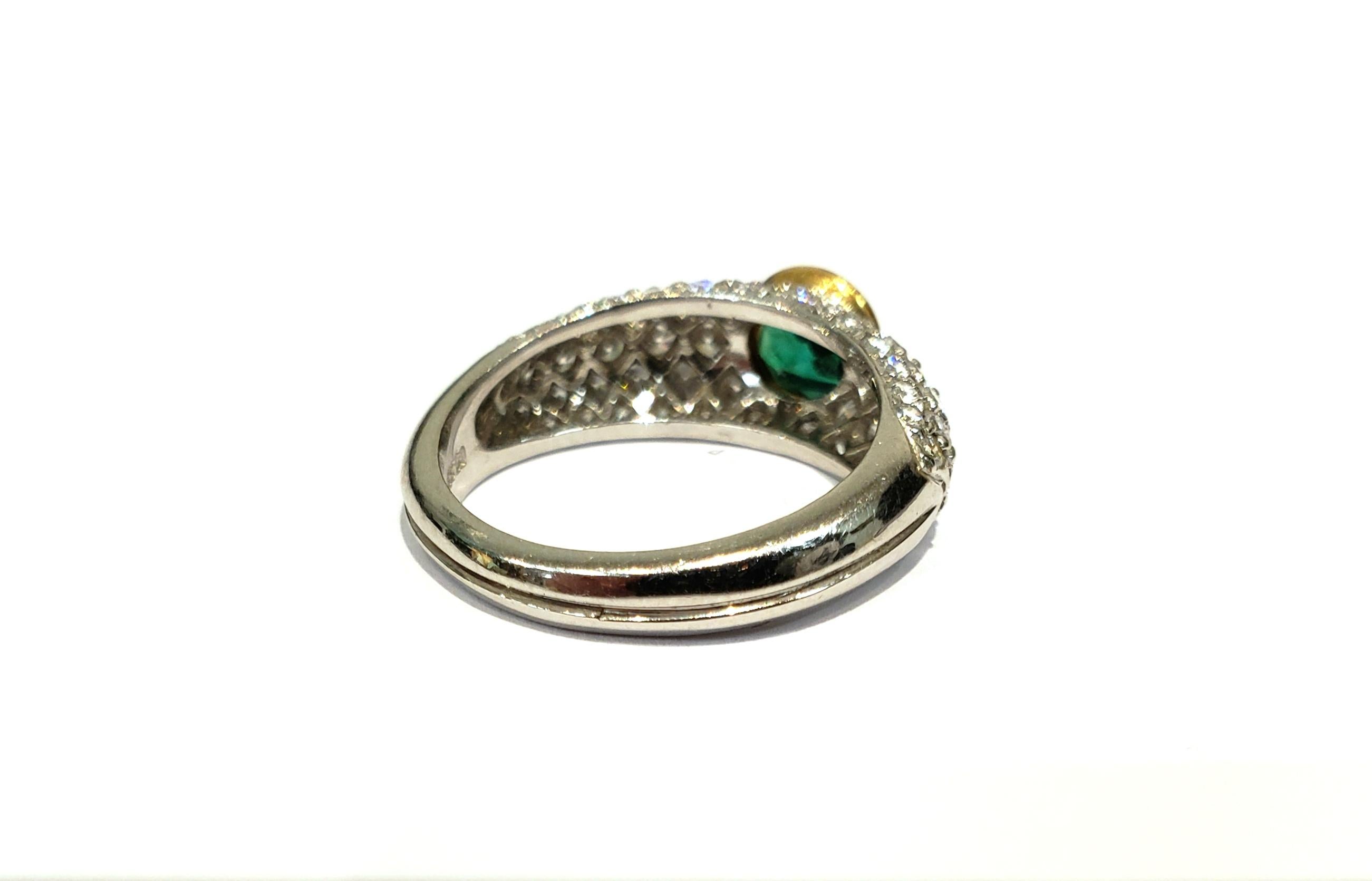Women's or Men's Handmade Platinum, 18 Karat, Diamond and Emerald Domed Ring For Sale