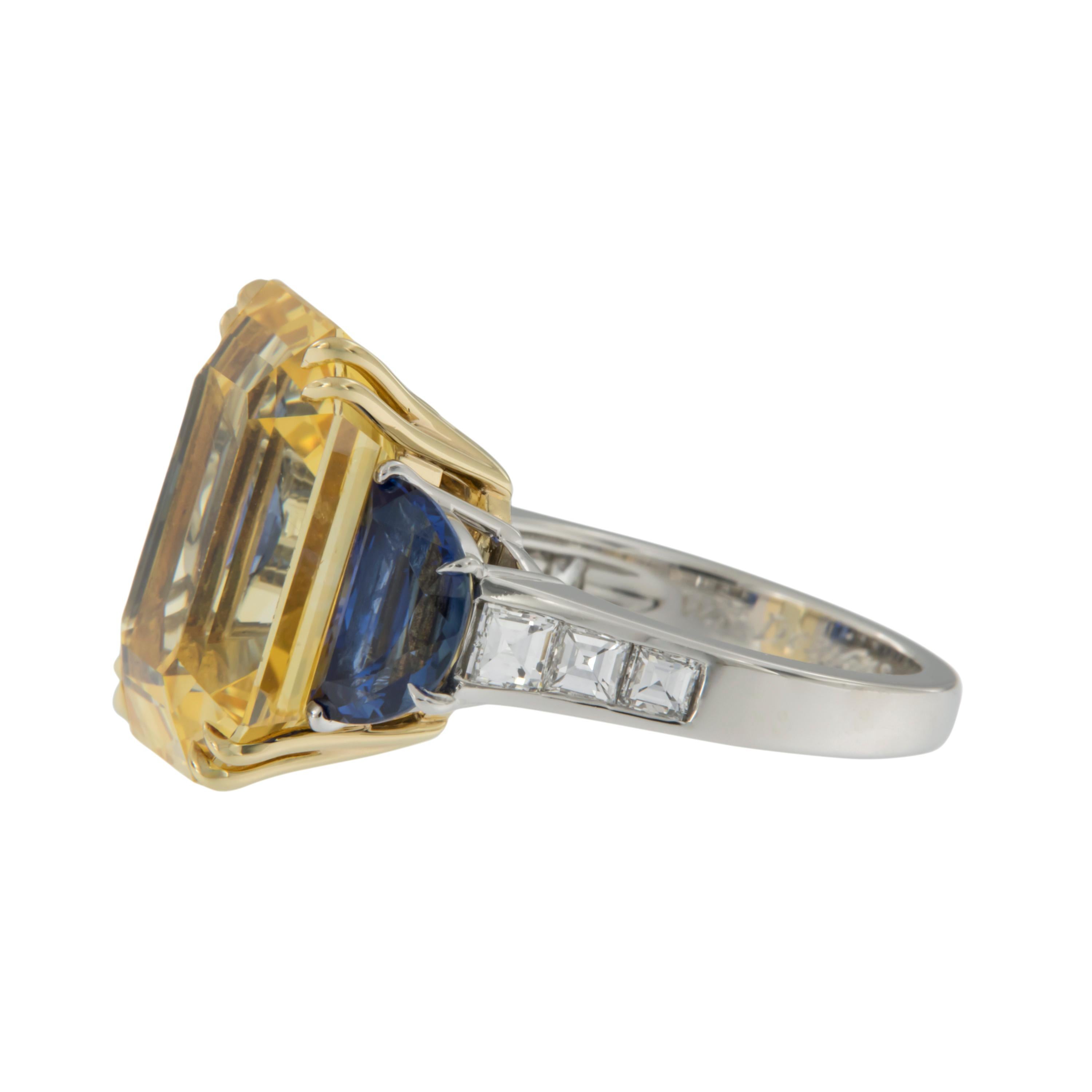 Contemporary Handmade Platinum 18KY Gold 22.37 Ct Yellow Sapphire 4.21 Ctw Blue Sapphire Ring