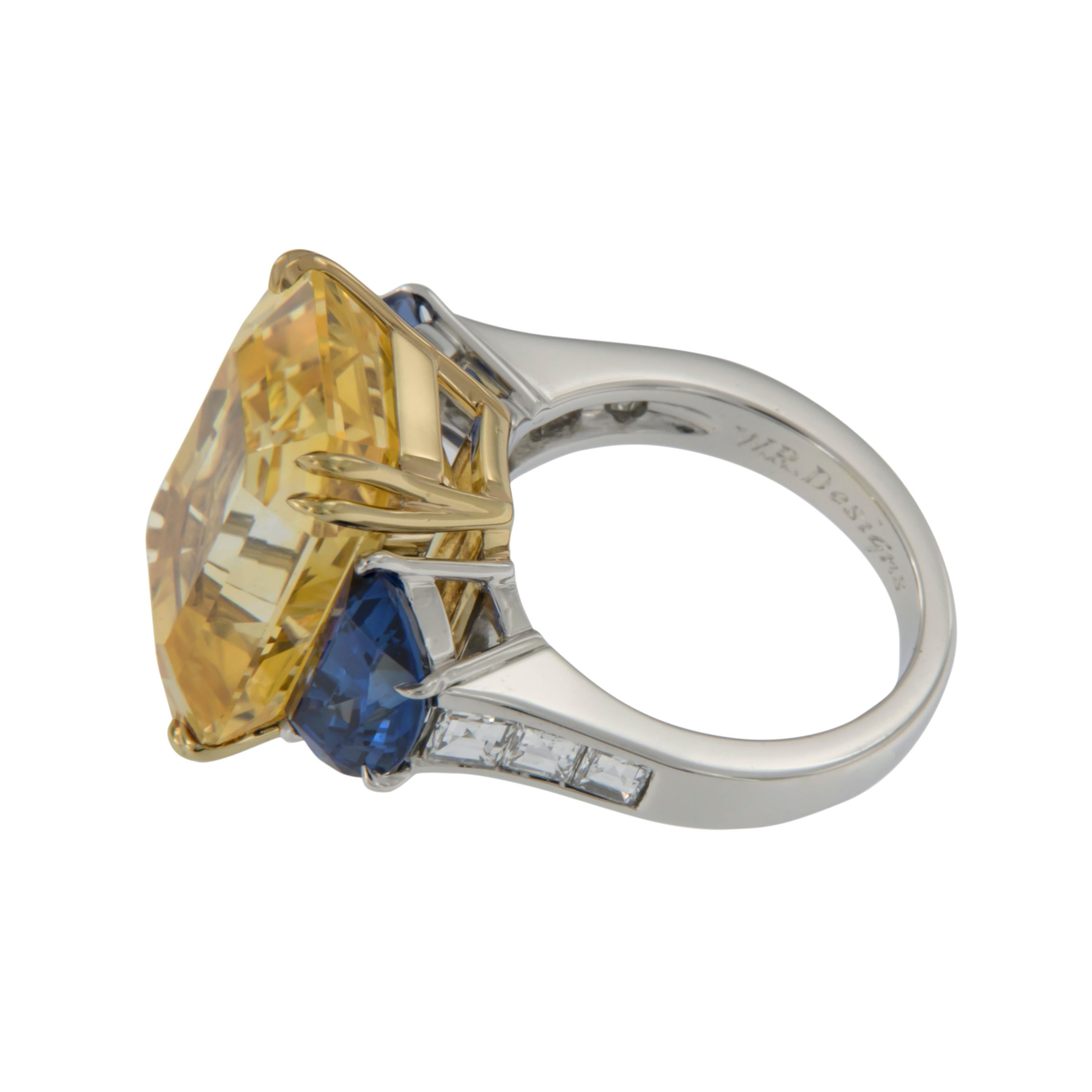 Emerald Cut Handmade Platinum 18KY Gold 22.37 Ct Yellow Sapphire 4.21 Ctw Blue Sapphire Ring